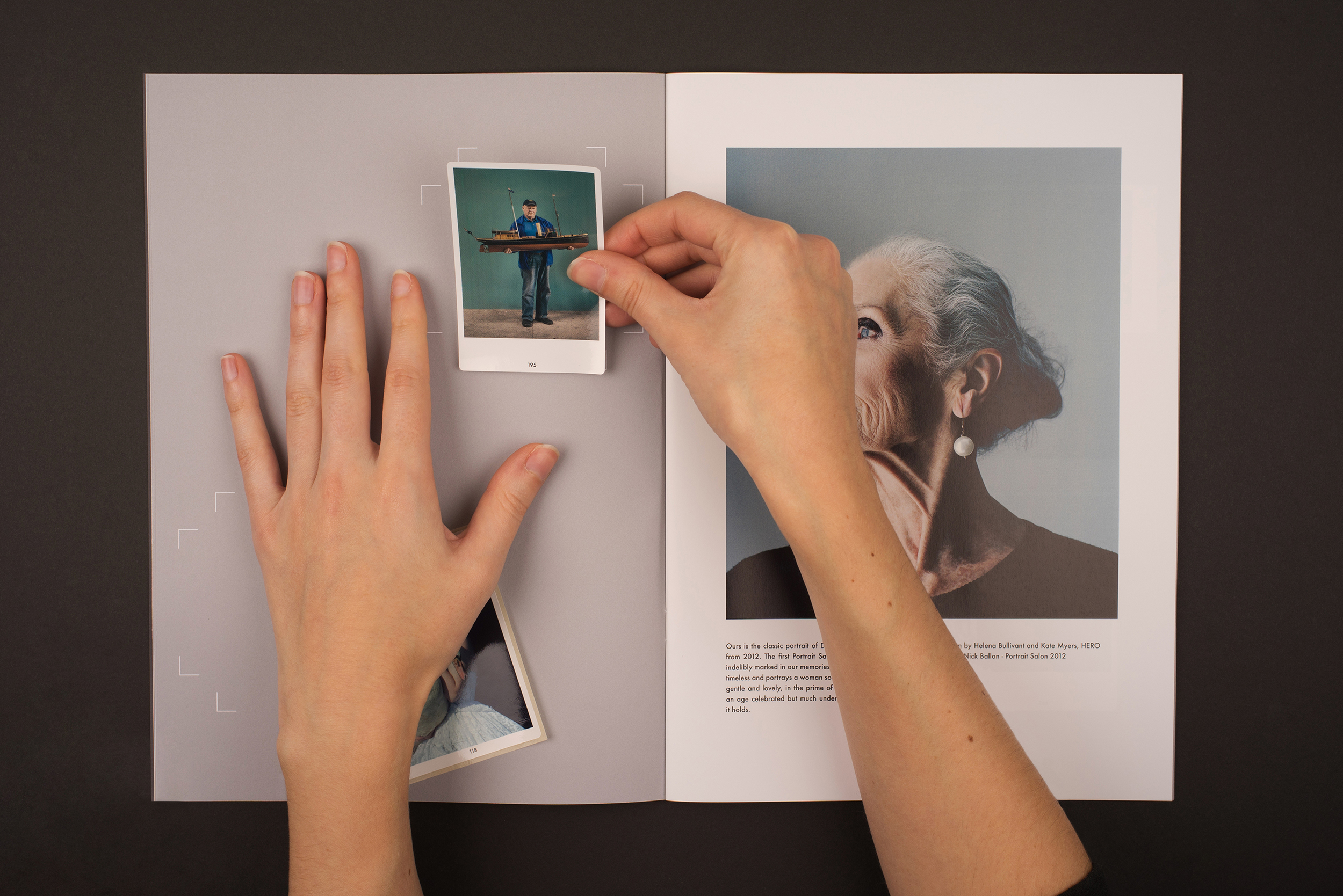 Portrait Salon 2015, 5th year anniversary. Sticker book. Attaching stickers. Main photograph by Nick Ballon.