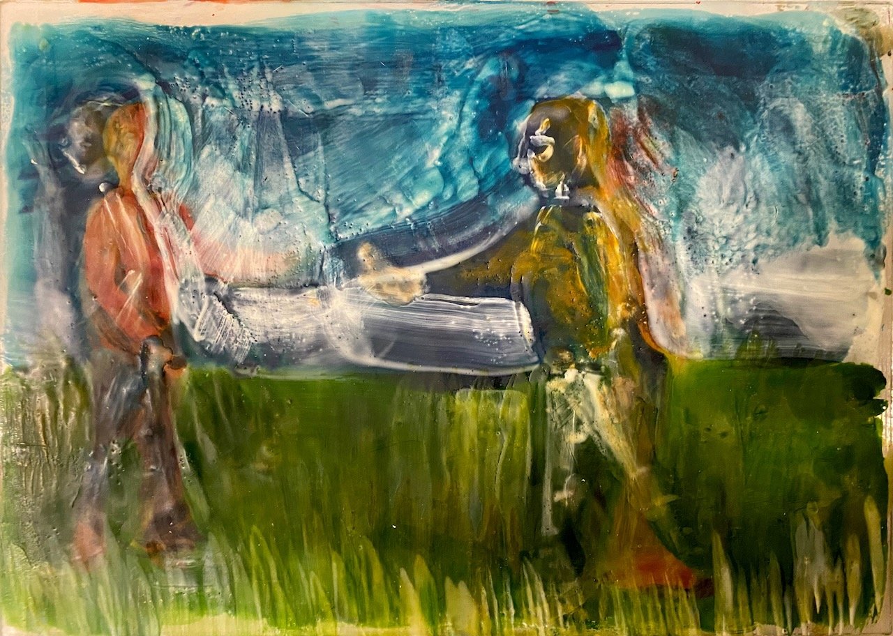 14 x 10" encaustic on glass. front-lit. "Chase"