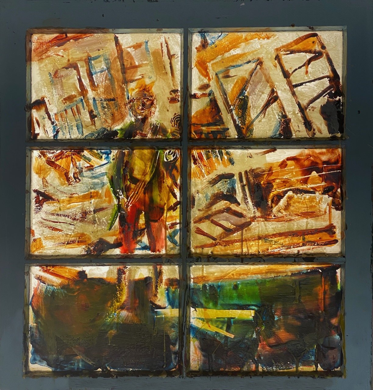 SOLD - 24 x 25" encaustic on window. "Warrior" backlit
