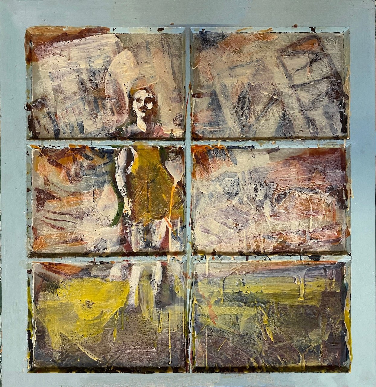 SOLD - 24 x 25" encaustic on window. "Warrior" frontlit