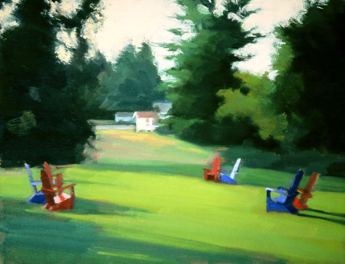 Red and Blue Adirondacks, Oil on Canvas, 11 x 14