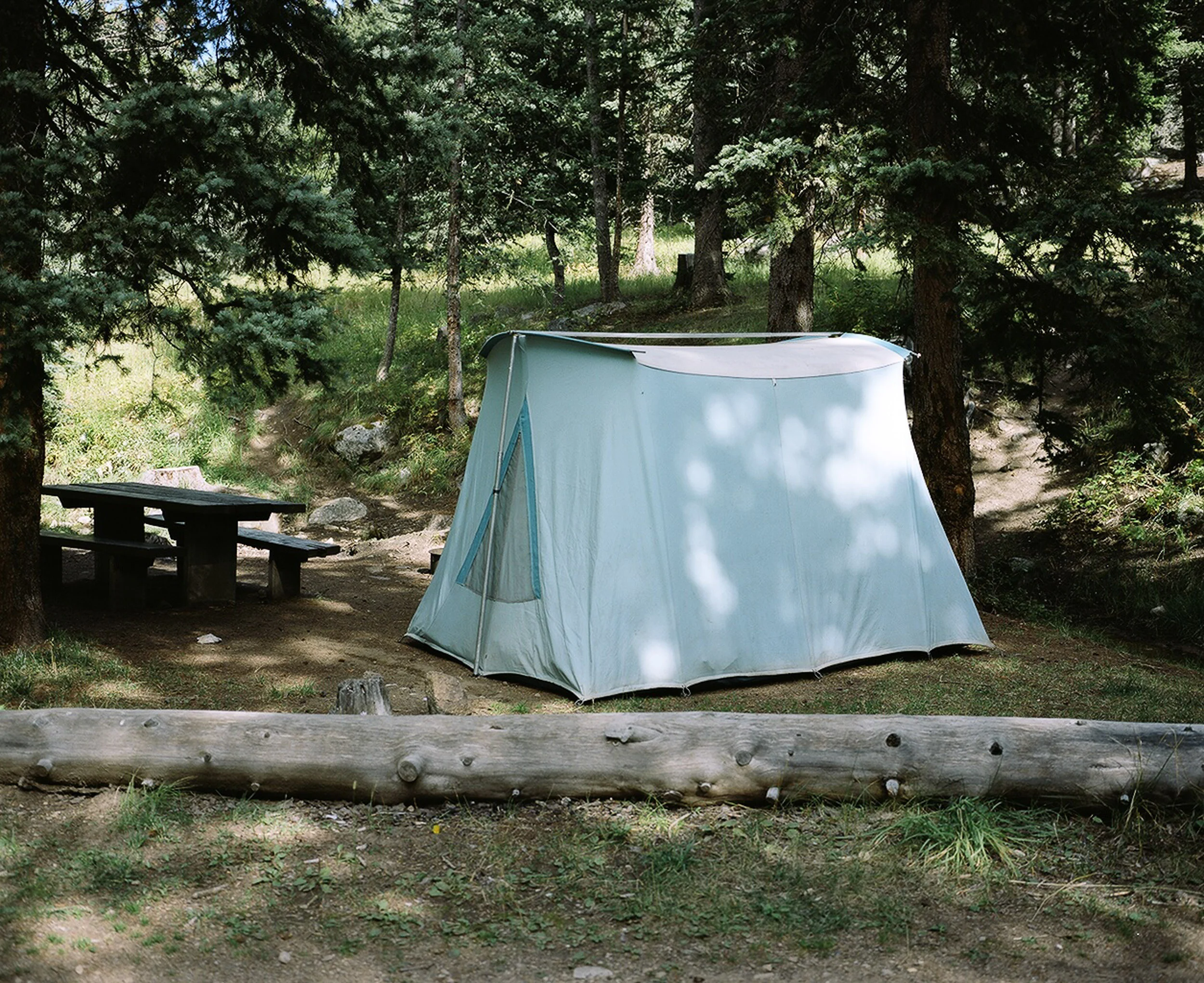 Blue tent next to a picnic table at a campsite in Montana