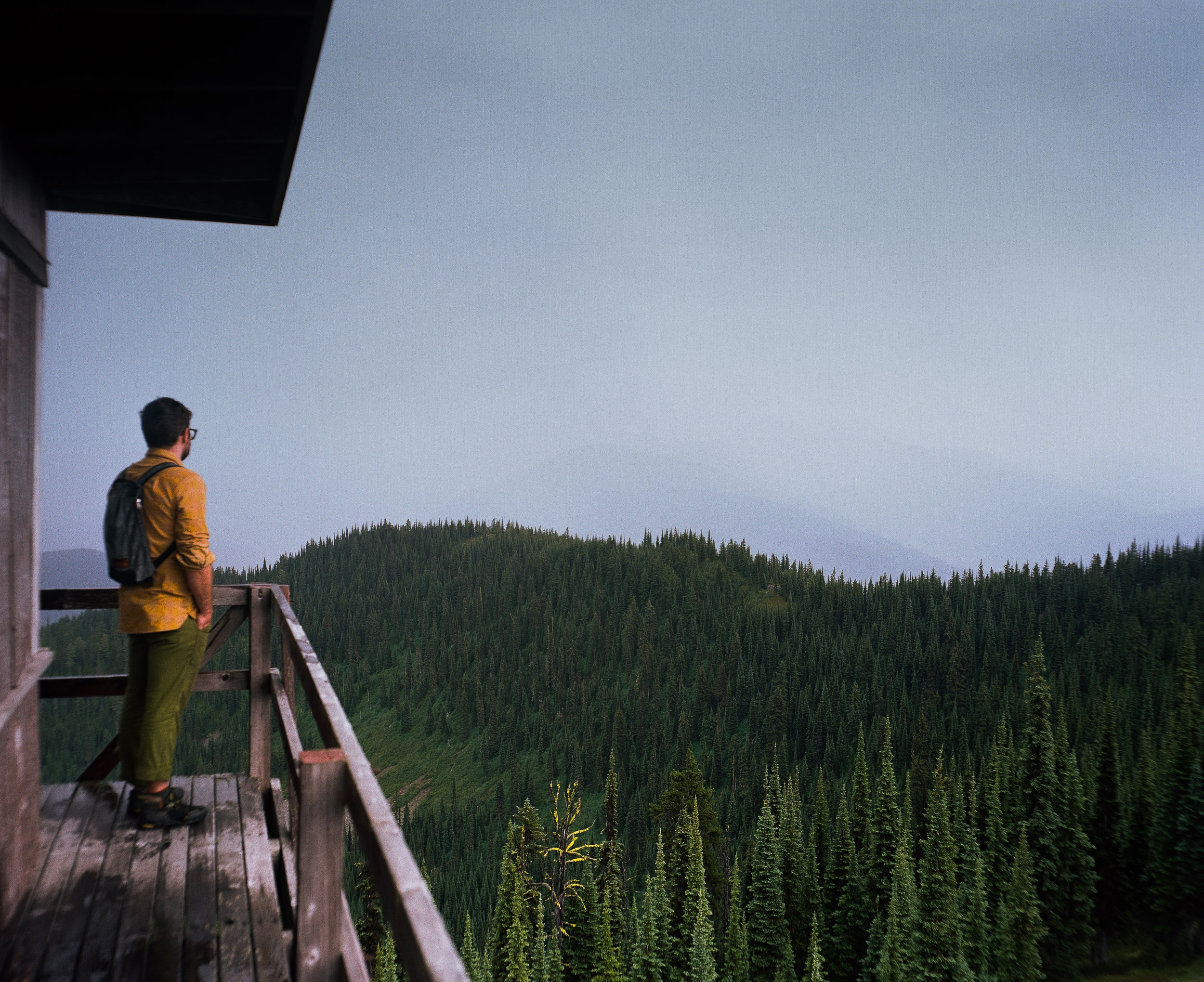 Hiker in Yellow shirt looking out over pine forest in Northern Montana