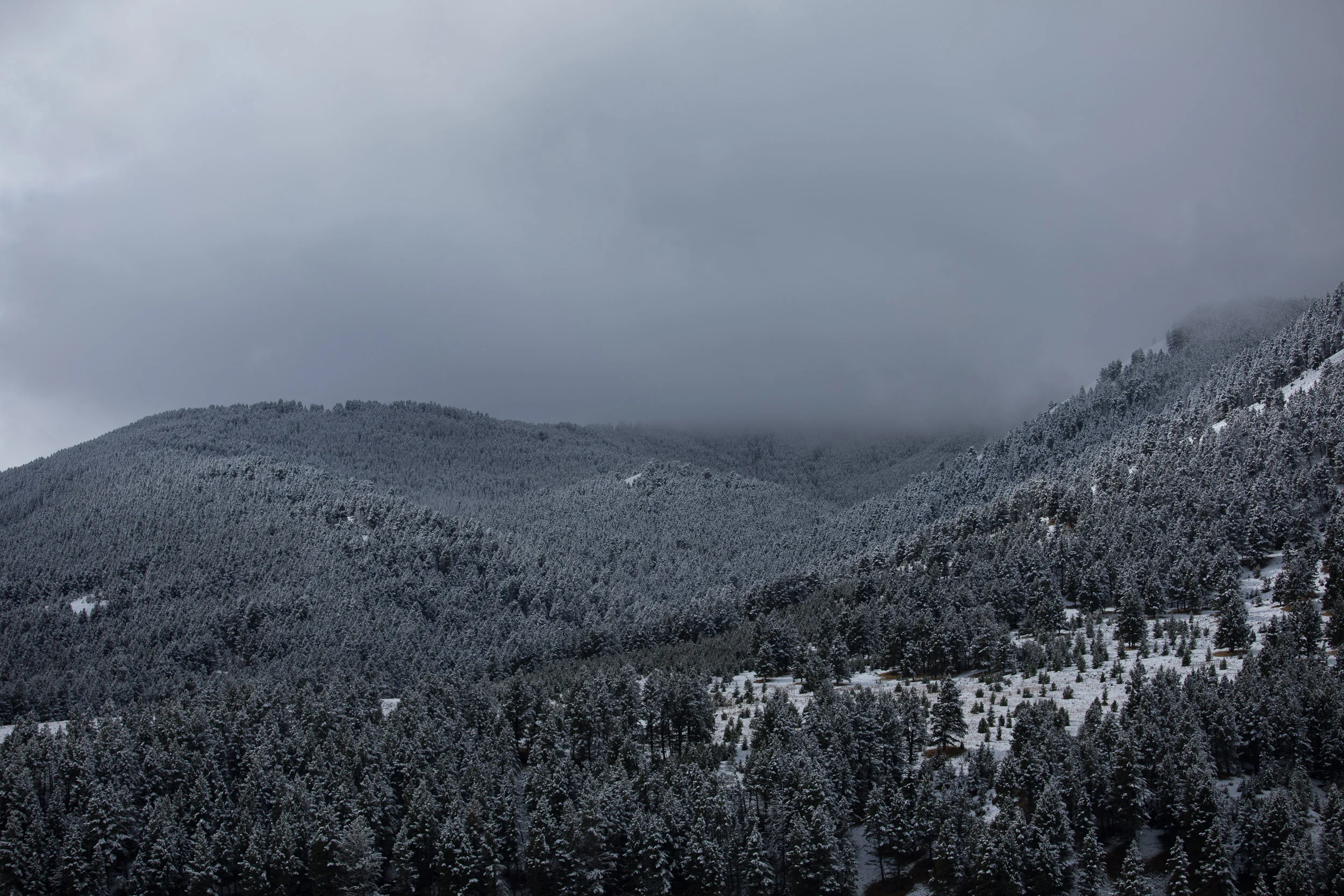 Snow covered mountains, low clouds
