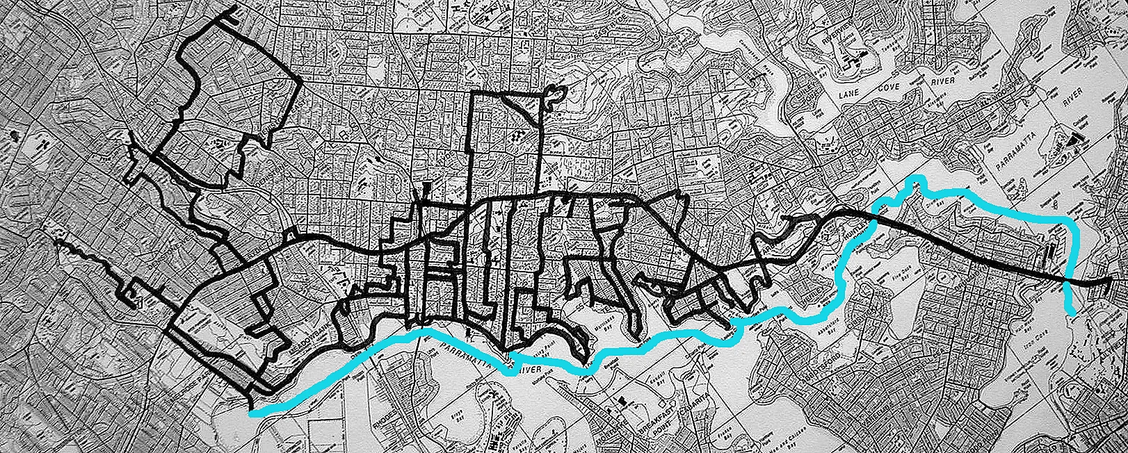 David Watson's route west on foot from Rozelle [right of map] to Brush Farm (2005-07), and return from Ermington to Rozelle via the Parramatta River (2011). The walk was completed in 19 instalments, the swim in four.
