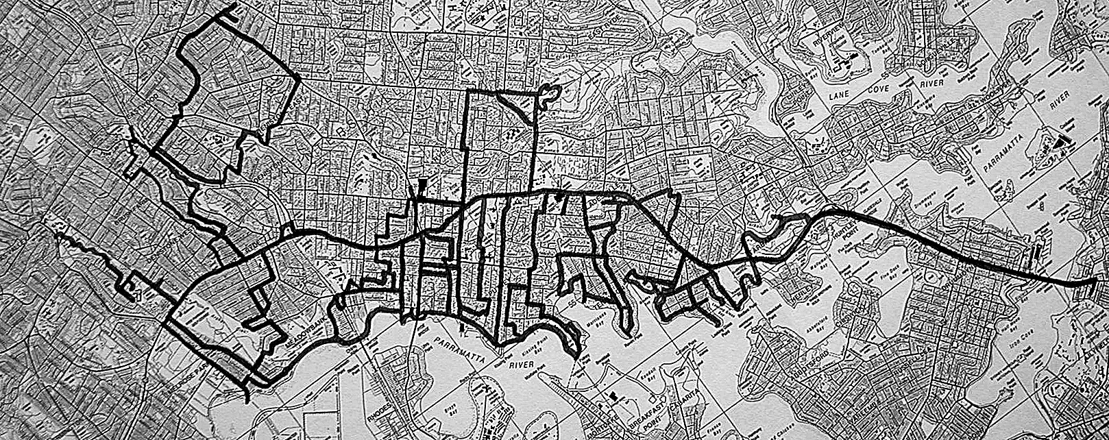 David Watson's route west on foot from Rozelle [right of map] to Brush Farm - completed in 19 instalments (2005-07).