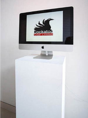 Checkout + Ransom Note (with Denise Corrigan), 2013 Powerpoint (20 images), audio, on iMac DW speaks about Checkout + Ransom Note