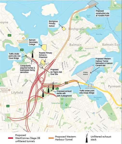 The proposed (red) tentacles of WestConnex Stage 3B (Rozelle Interchange) extend north from Parramatta Road beneath Camperdown, Leichhardt, Lilyfield and Rozelle, with ‘stubs’ linking to the proposed (orange) Western Harbour Tunnel under Balmain and Birchgrove.  PISS OFF WESTCONNEX was applied to a hoarding on the derelict ex-Tigers-club premises (centre-left of this map, nr Iron Cove Bridge).   Poster/flyer/map graphic courtesy Holly G, Janette W &amp; Brian G
