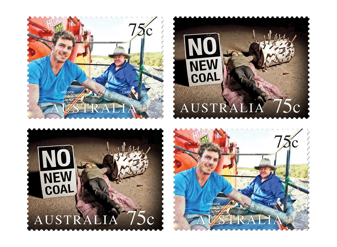 David Watson, Australian Navigators: Pocock & Laird, Brown , 2015, Lambda photo-print, 64 x 87 cm Masquerading as a page from a booklet of Australian stamps celebrating our ‘21st-century navigators’, my imagery derives from activist images shot by Front Line Action on Coal in late 2014. Locking-on in protest against Whitehaven Coal’s Maules Creek mine in north-west NSW are (l. to r.) former Australian Rugby Union captain David Pocock, fifth-generation local farmer Rick Laird, and 23-yr-old student Chantelle Brown from Wauchope. Australia Post’s original Australian Navigators series (1963) featured Cook, Tasman, Flinders etc.