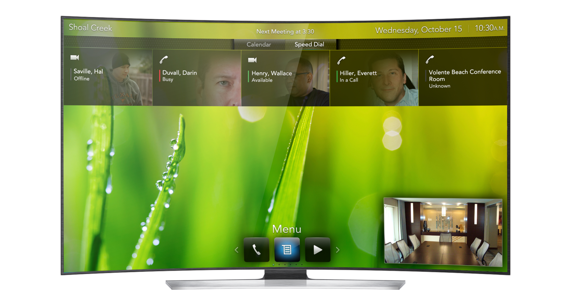   The home screen can be configured to show five frequently called contacts or conference rooms.  