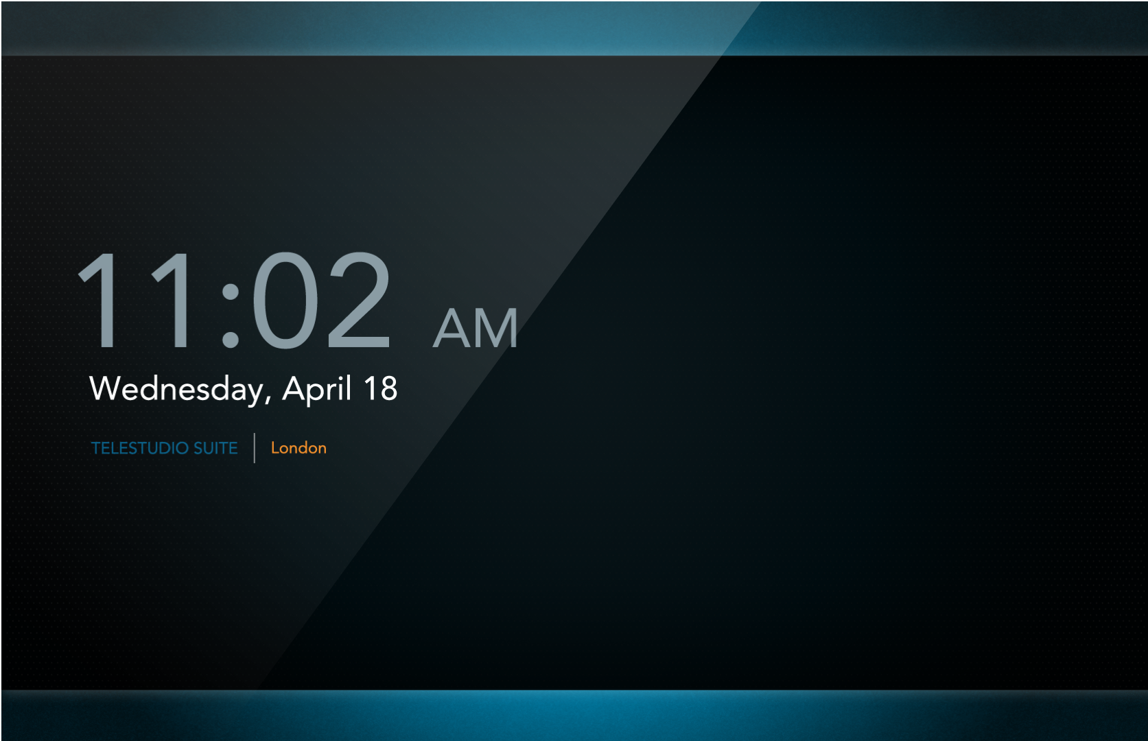   The Welcome screen.   The Immersive suite can be provisioned to start meetings automatically&nbsp;at the appropriate time. &nbsp;If&nbsp;attendees happen to&nbsp;arrive early,&nbsp;they are greeted with this initial screen. &nbsp;The room is fitted