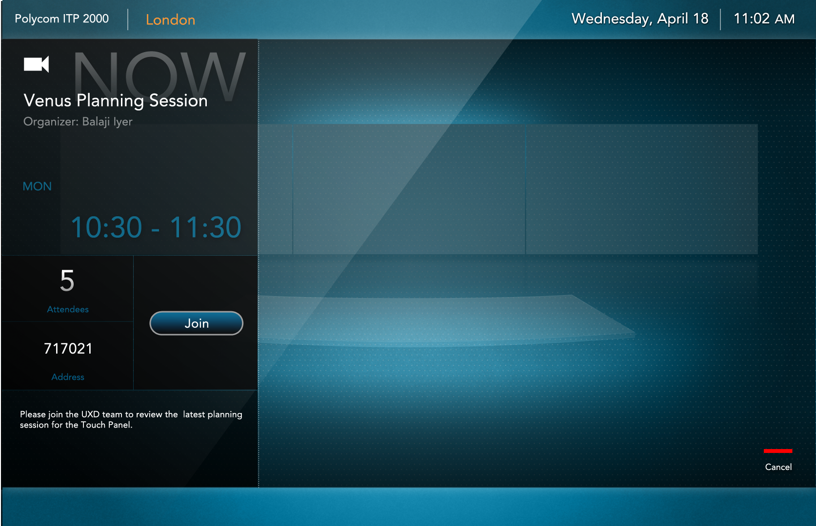   Meeting Info Screen   Attendees can view meeting details before joining a meeting. 