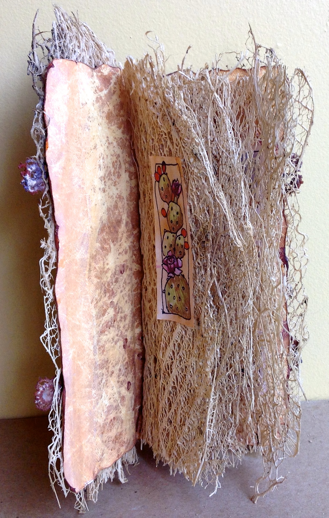 "Cactus Continuum" Opuntia skeleton leaves, Cereus cactus, vellum, ink, watercolor, linen thread