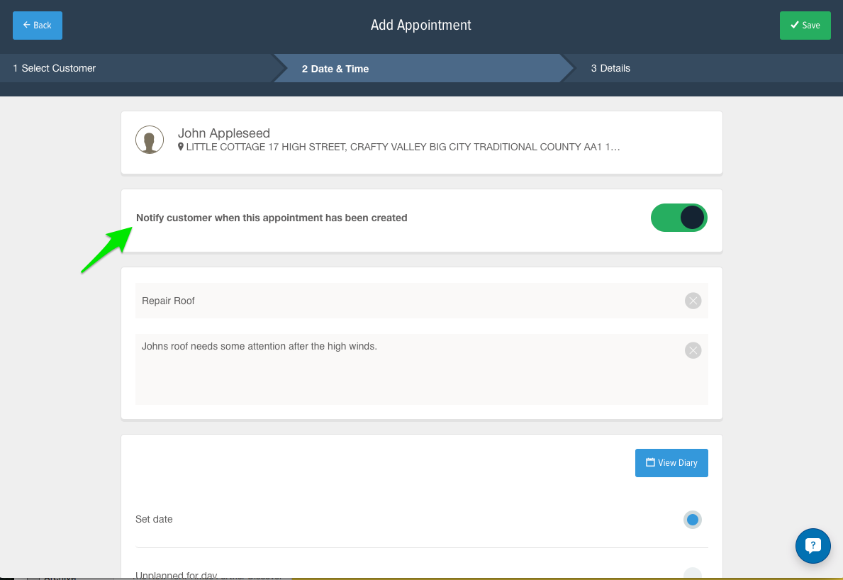 Send customers appointment notifications directly from the diary