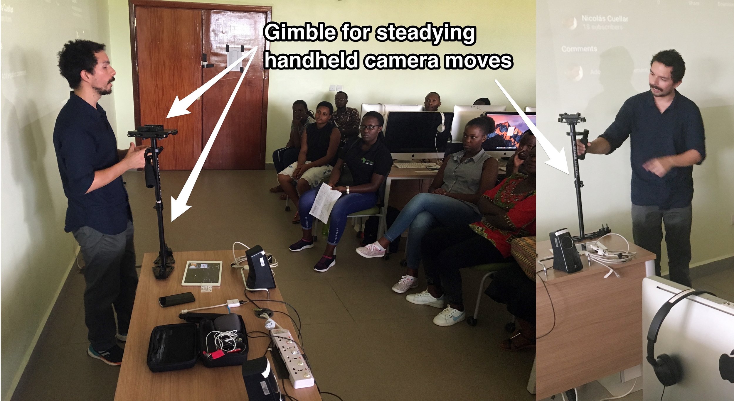 Nicolas Cuellar shows off the Glidecam HD2000 Stabilizer System he brought to allow ADMA students to train on.