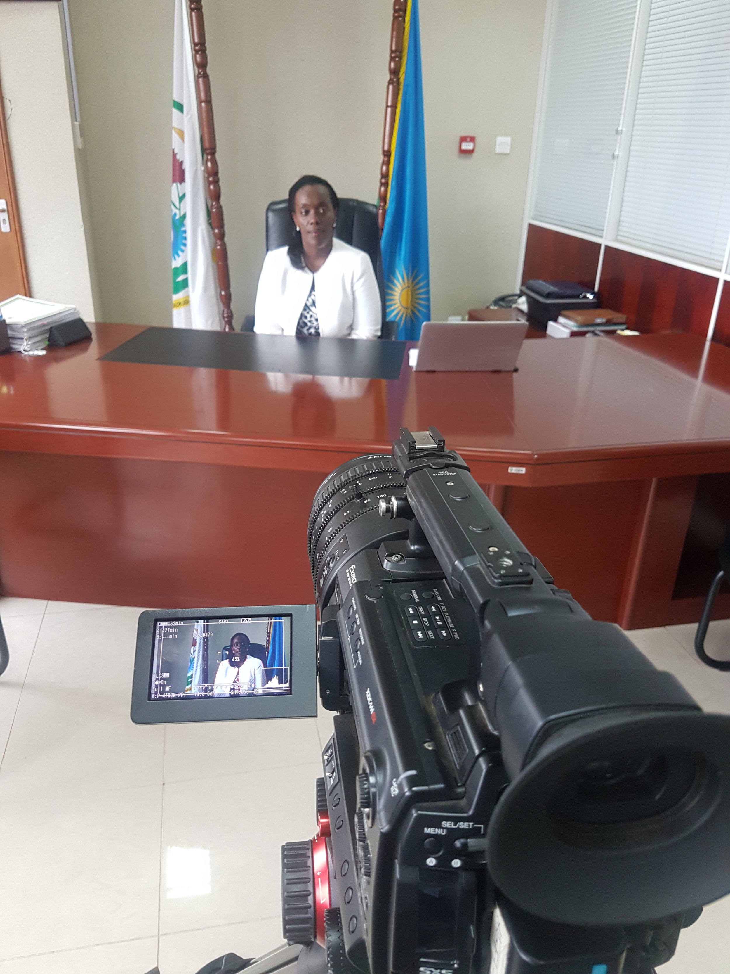 The Sony PMWF3 with zoom lens capturing the interview with the Minister Of Health, Dr. Diane GASHUMBA.