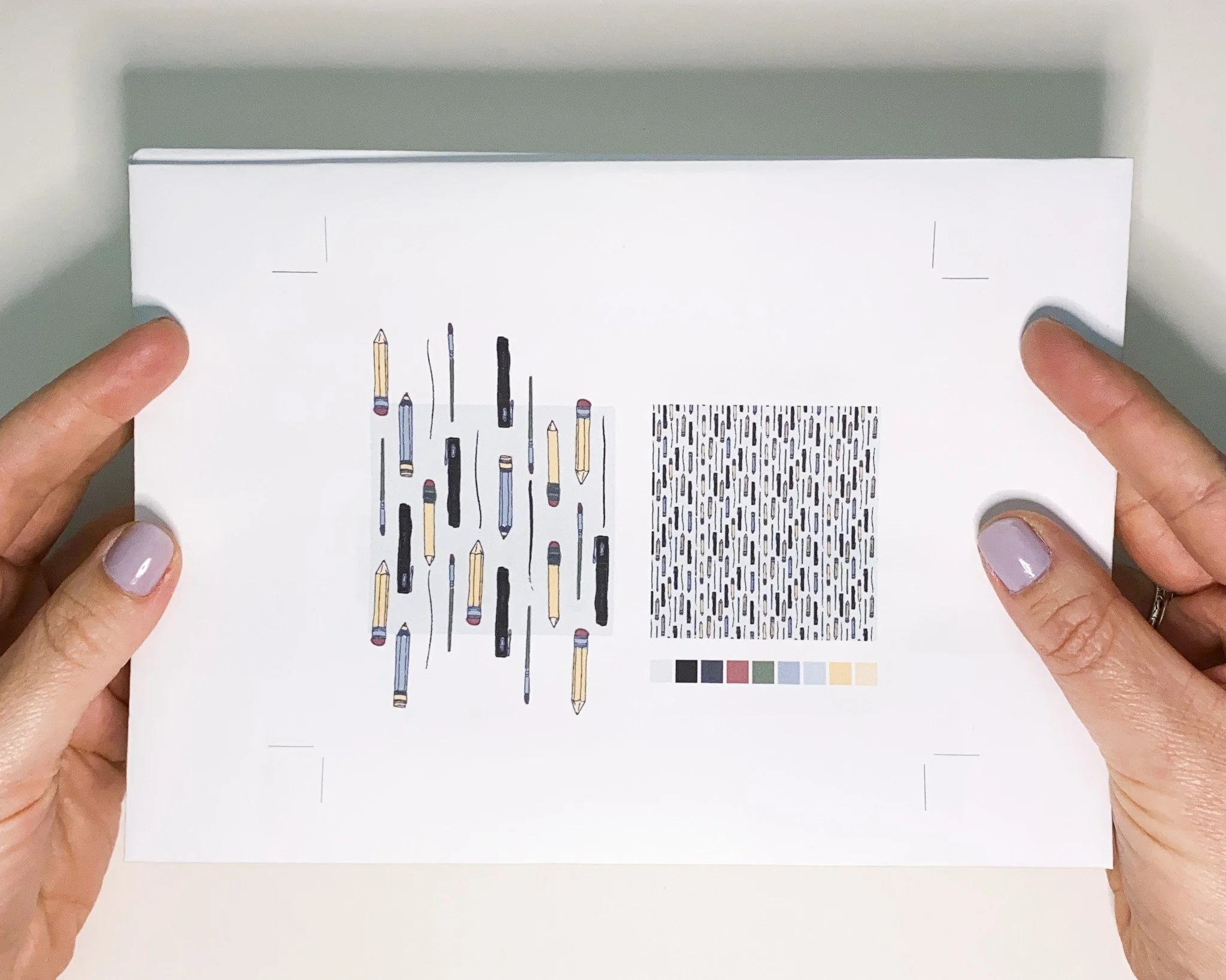 textileSurface pattern repeat sample with colour palette and pattern block hand-drawn art supplies design pattern repeat sample, colour palette and pattern block hand-drawn art supplies, yellow base design