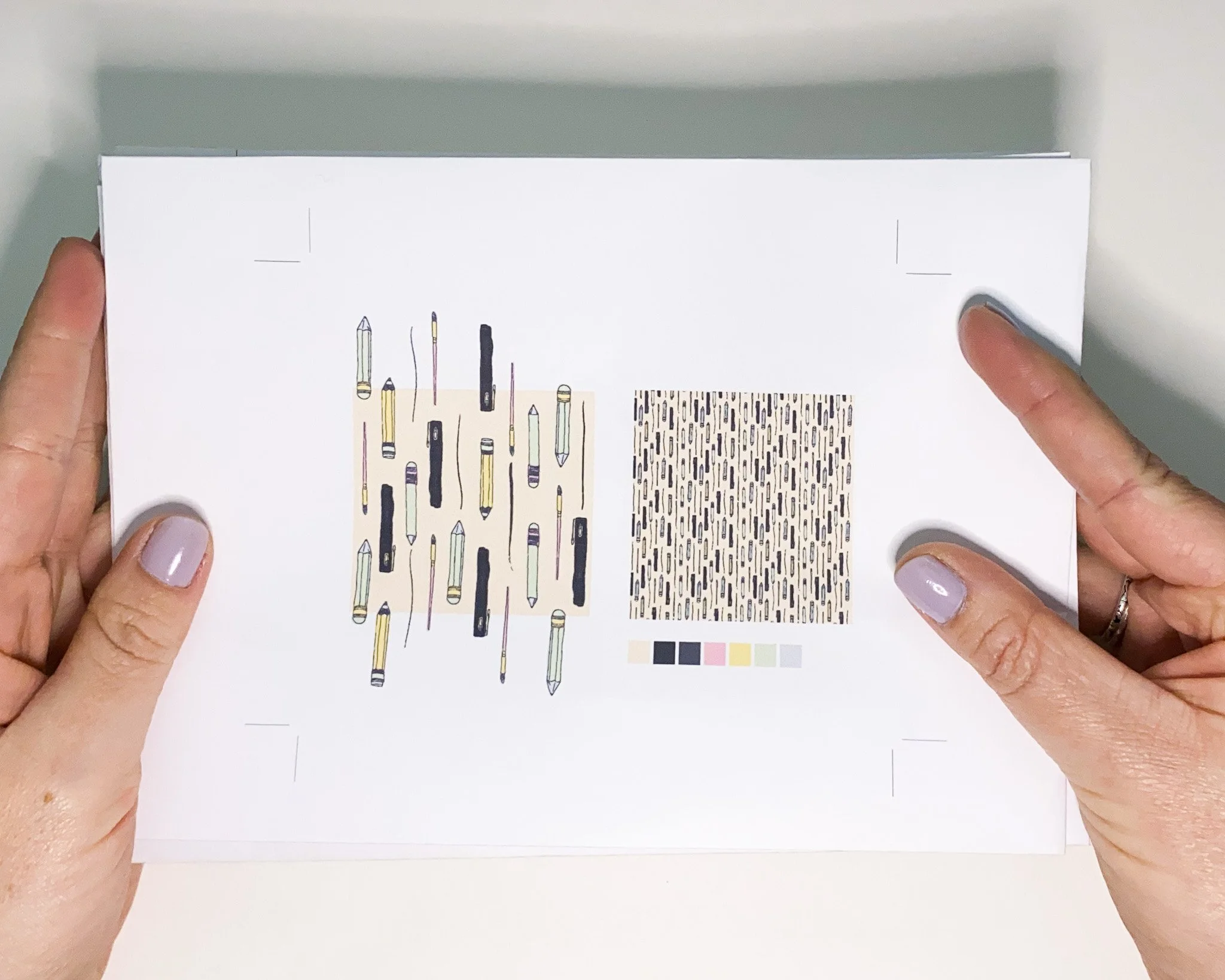 textile pattern repeat sample, colour palette and pattern block hand-drawn art supplies, yellow base design