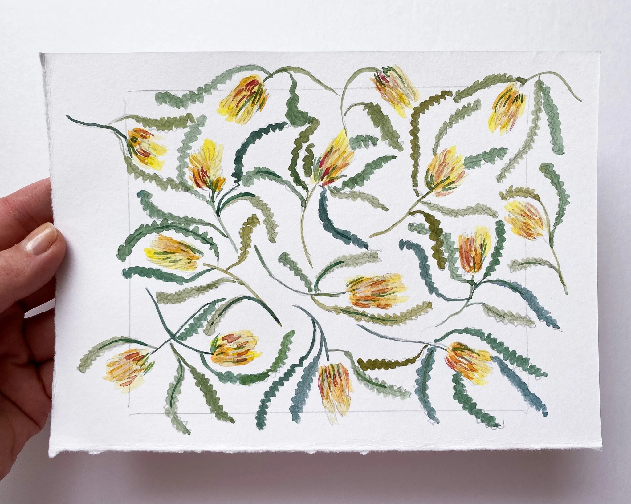 Hand-painted Australian native floral pattern in watercolour, seamless repeat design study for textiles
