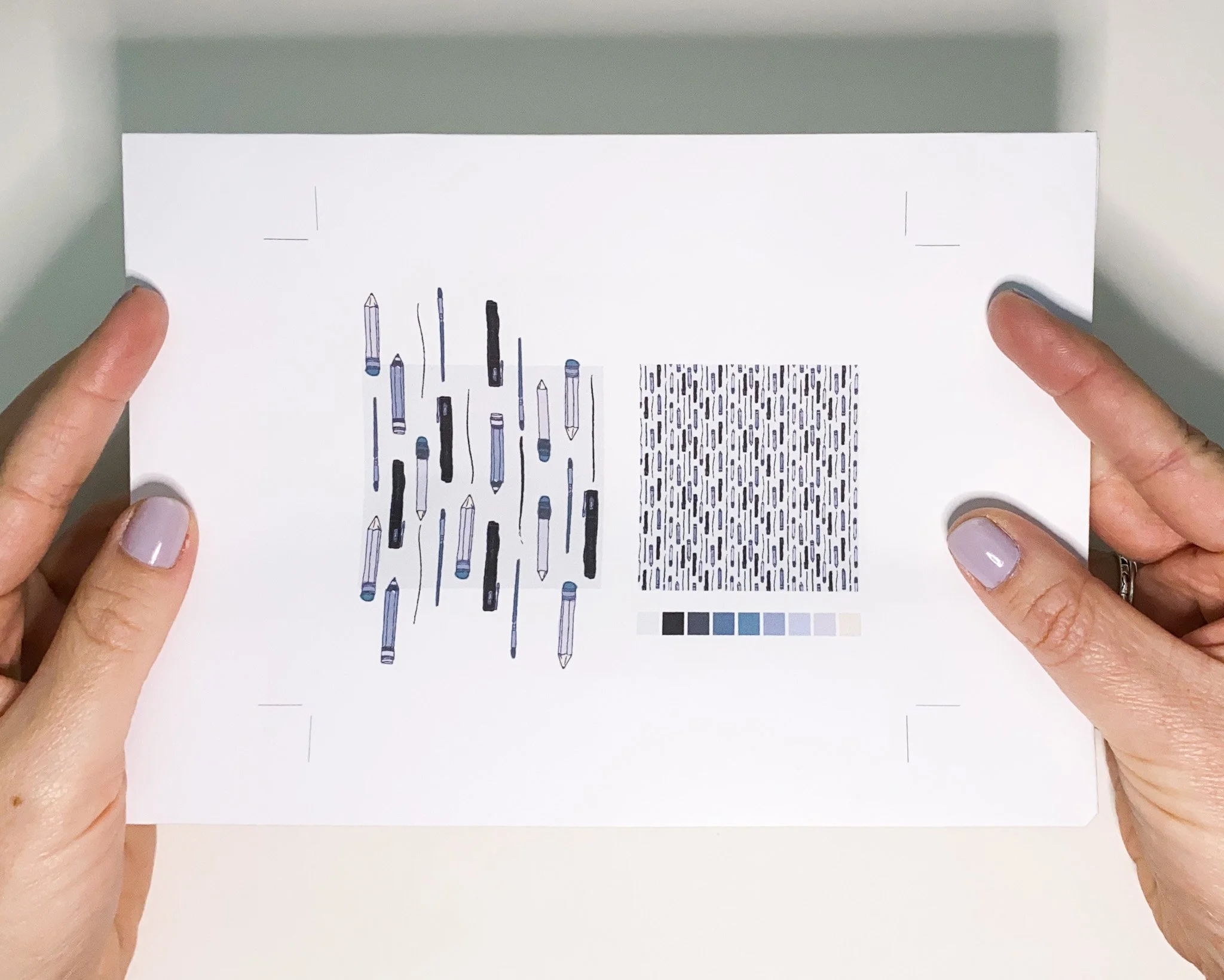 Pattern design presentation showing repeat sample, monochrome colour palette, and repeat unit in blue tones