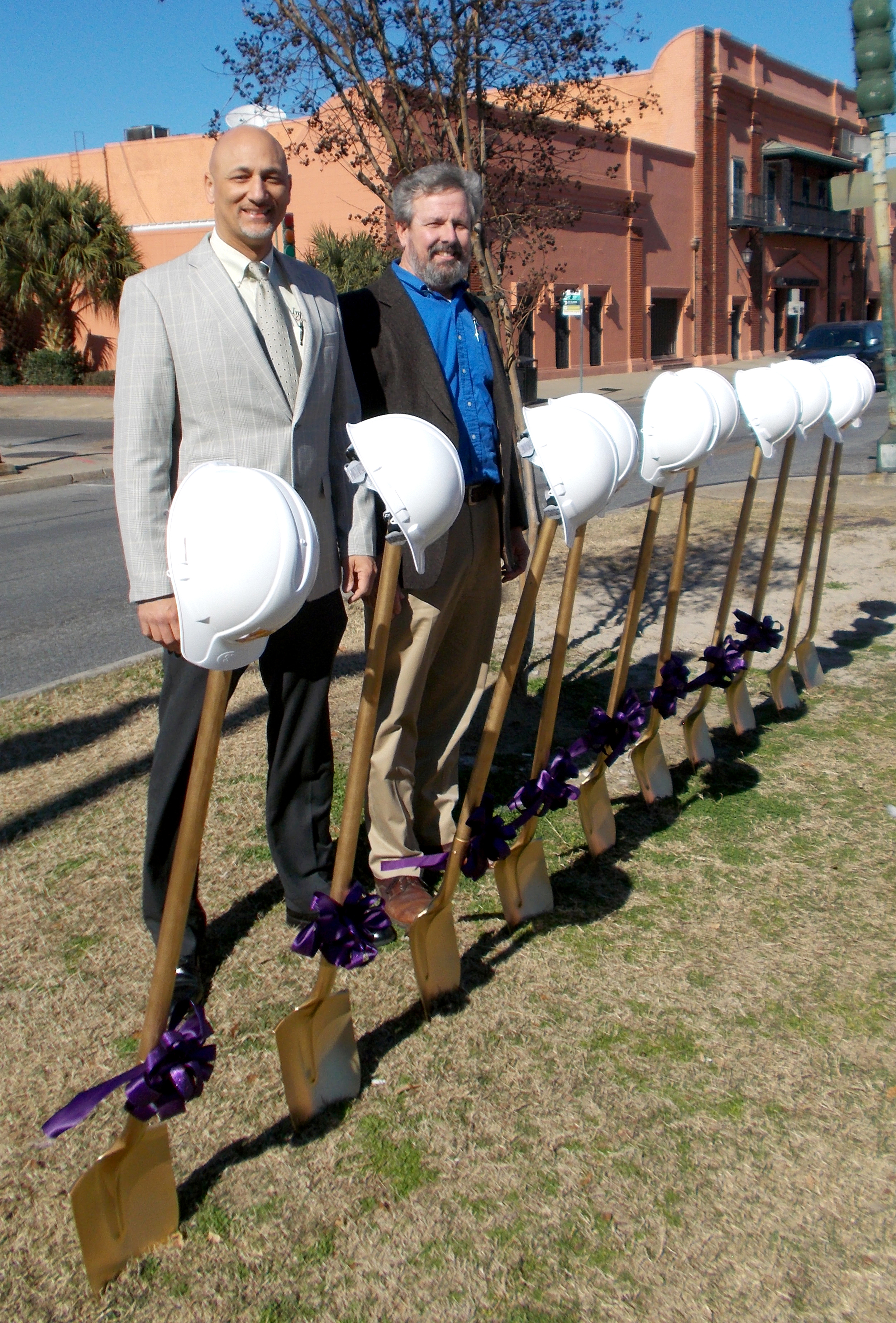  Infinity Engineering Consultants' Principal Raoul V. Chauvin, III, left, and Civil Engineer Michael Riviere stand before the ceremonial shovel at the Rampart Streetcar Line ground breaking ceremony on January 28, 2015.&nbsp; 