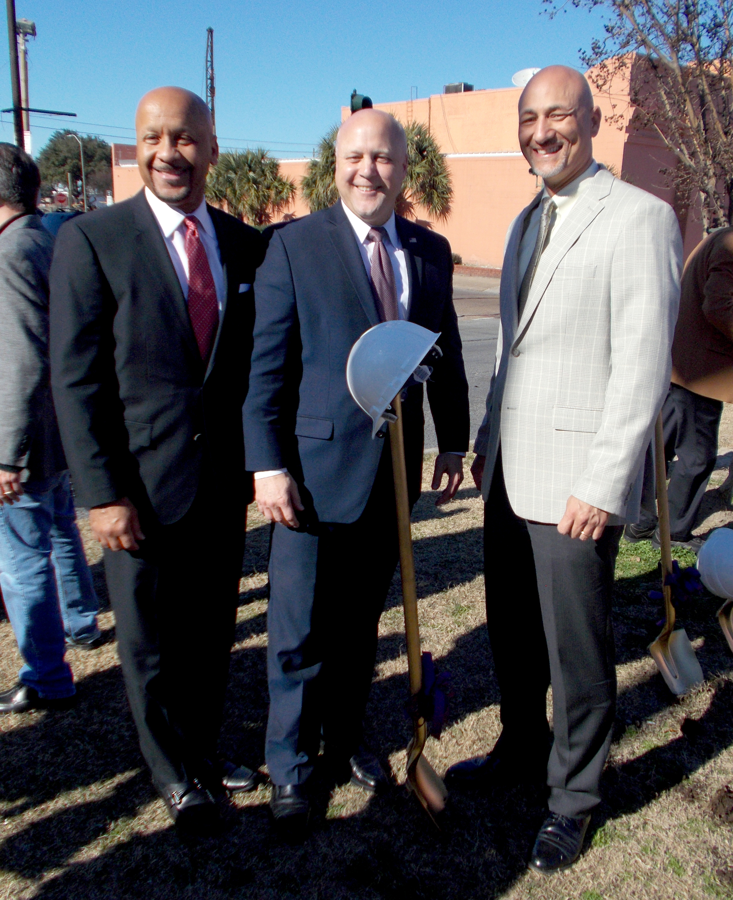  Regional Transit Authority CEO Justin Augustine, from left, New Orleans Mayor Mitch Landrieu, and Infinity Engineering Consultants, LLC Principal Raoul V. Chauvin, III celebrate the ground breaking of the Rampart Streetcar Line at the ceremony on Ja