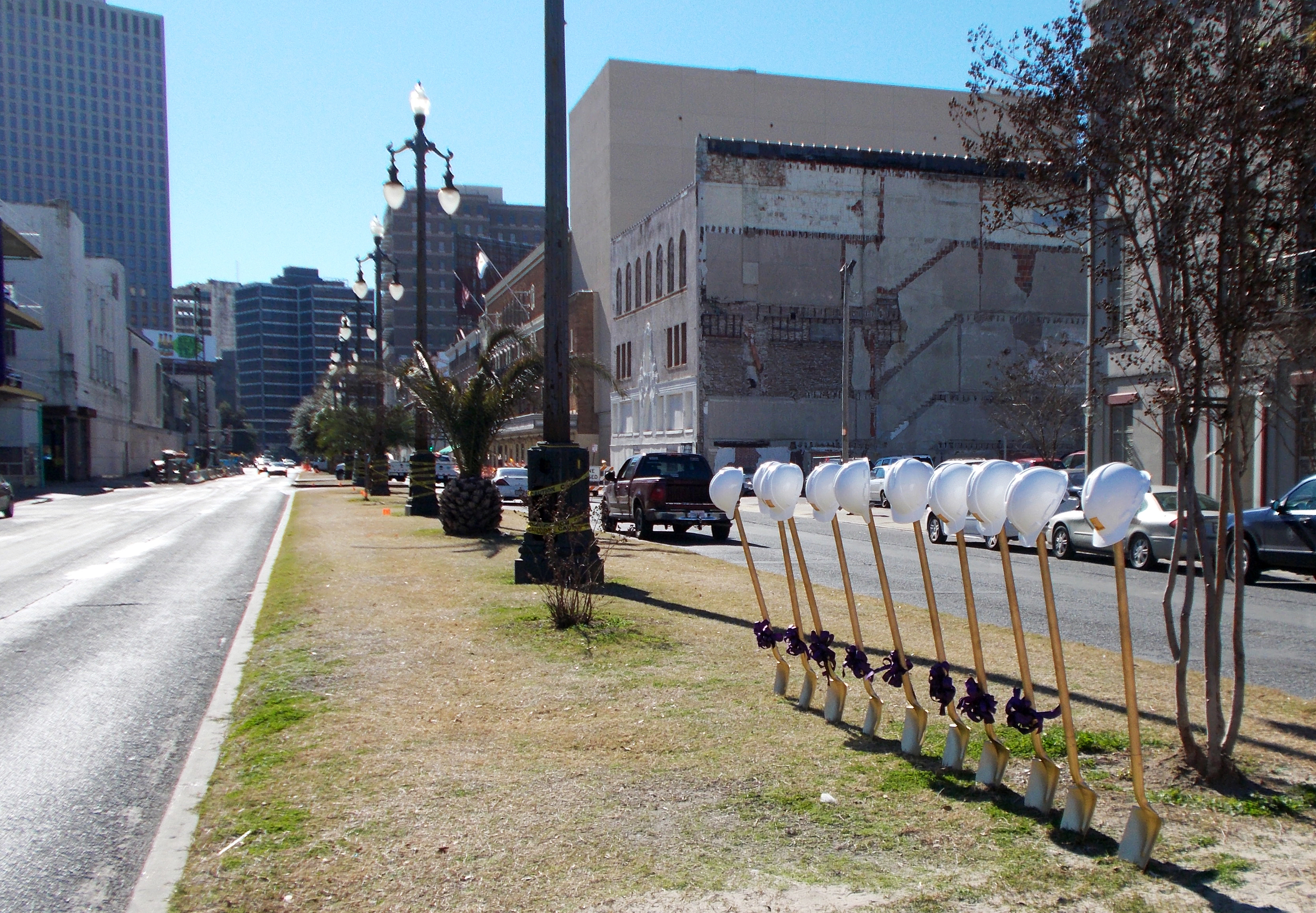  Ceremonial shovels and hard hats line the neutral ground on Rampart Street for the ground breaking ceremony of the Rampart Streetcar Line expansion on January 28, 2015. 