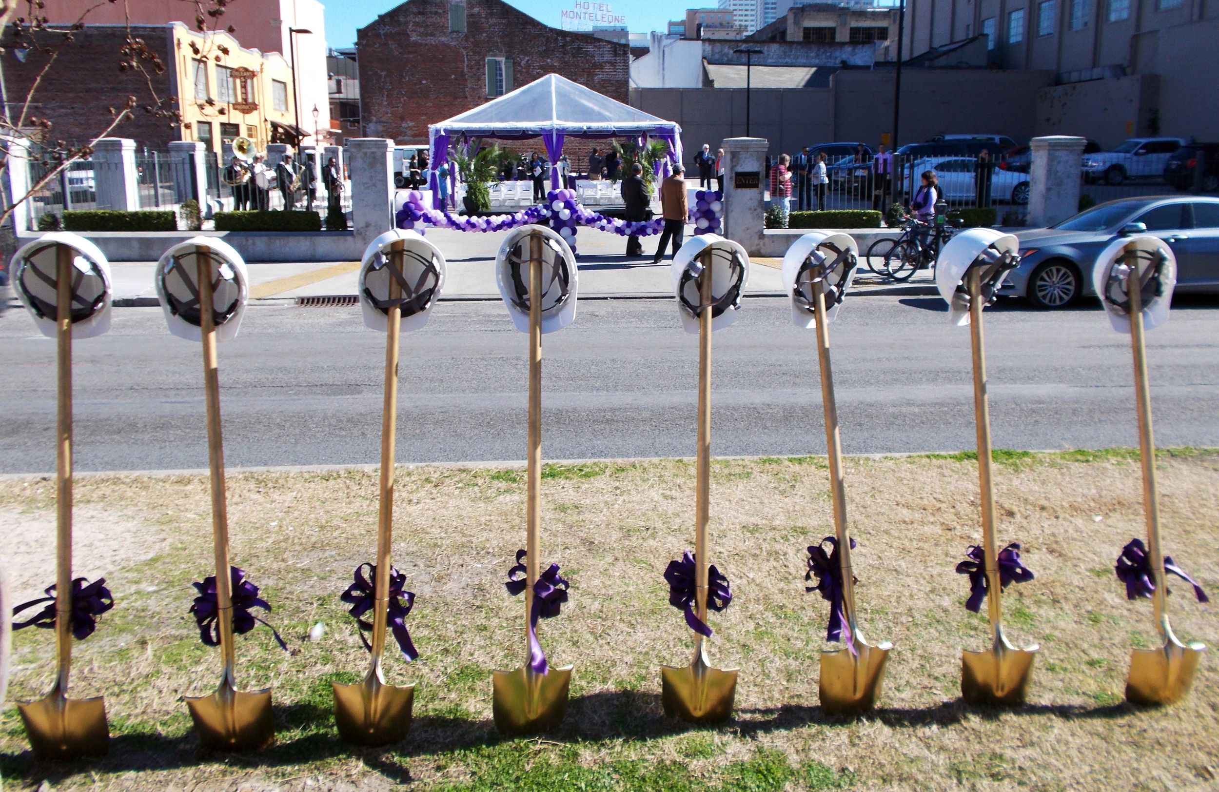  Ceremonial shovels and hard hats line the neutral ground on Rampart Street for the ground breaking ceremony of the Rampart Streetcar Line expansion on January 28, 2015. 