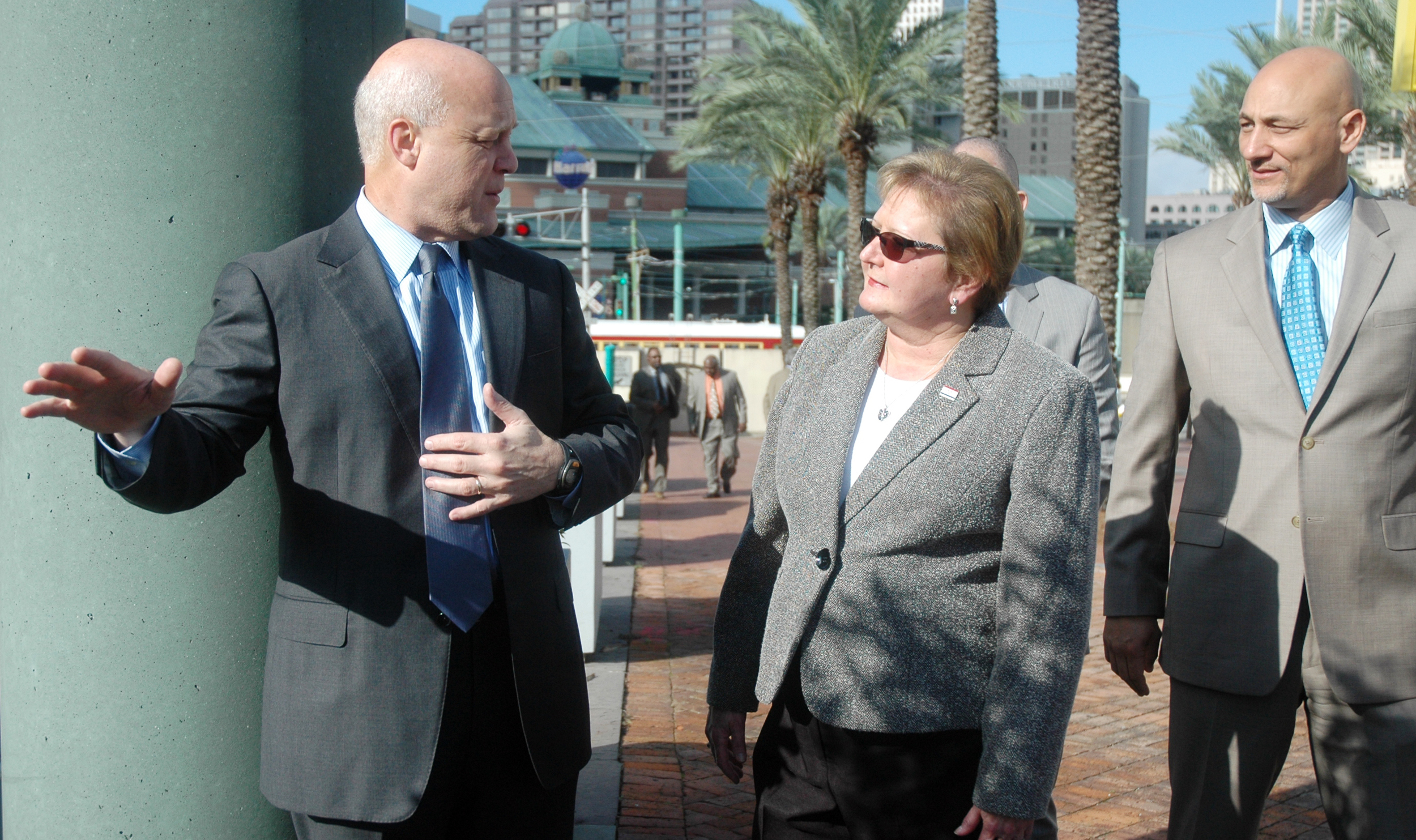  Mayor Mitch Landrieu talks about the plans for the new Canal Street Ferry Terminal as he walks with District "A" Councilmember Susan Guidry and Infinity Engineering Principal Raoul V. Chauvin, III.&nbsp; 