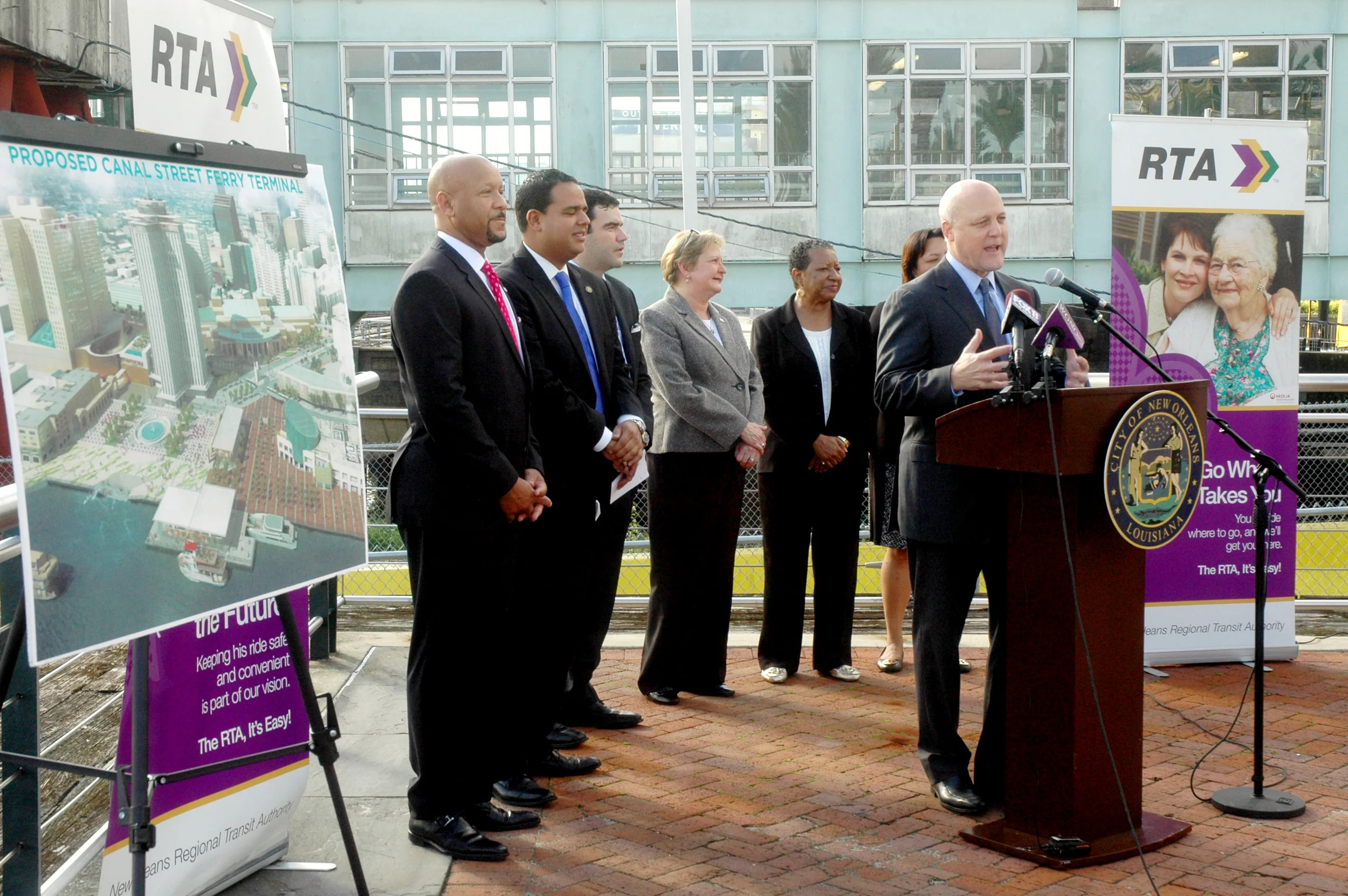 City of New Orleans Mayor Mitch Landrieu announces plans to renovate the Canal Street Ferry Terminal during a press conference in Woldenberg Park Nov. 5, 2015.
