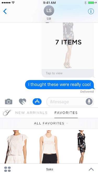 Within the app are two tabs - new arrivals and favorites - with feeds that you can scroll through and select multiple items to share directly in the chat. In favorites, associates can create collections with different product groupings specific to the client and share.