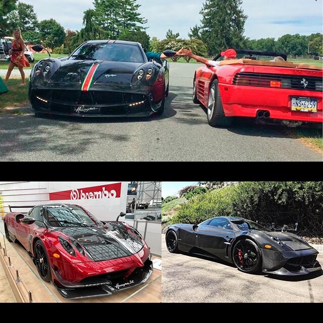 Three favorite @paganiautomobili times. When you have enough time to take one photo at your event, make it good. At the top, it&rsquo;s La Monza Lisa, the first named Pagani Huayra from &lsquo;15. @lamborghiniks reaches across to an @algarferrari cus