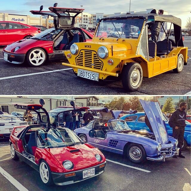 The Mazda Autozam AZ-1 has British buddies and German buddies. Worldly. #mazdanation #mazdalife #mazdaclub #autozam #az1 #minimoke #moke #300sl #300slgullwing #mercedeslovers #huntvalleyhorsepower #carsandcoffee @encoredetailing @wssdriveeasy @detail