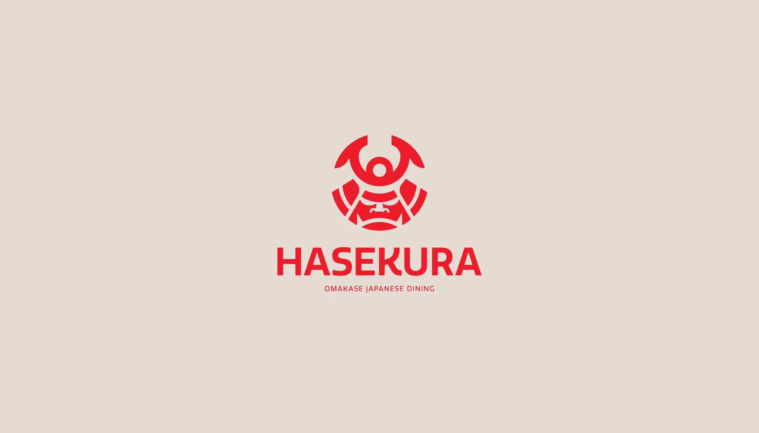 Logo of Hasekura restaurant featuring a red stylized samurai helmet with a face, positioned above the bold red text 'HASEKURA' and smaller text 'Omakase Japanese Dining' on a beige background.