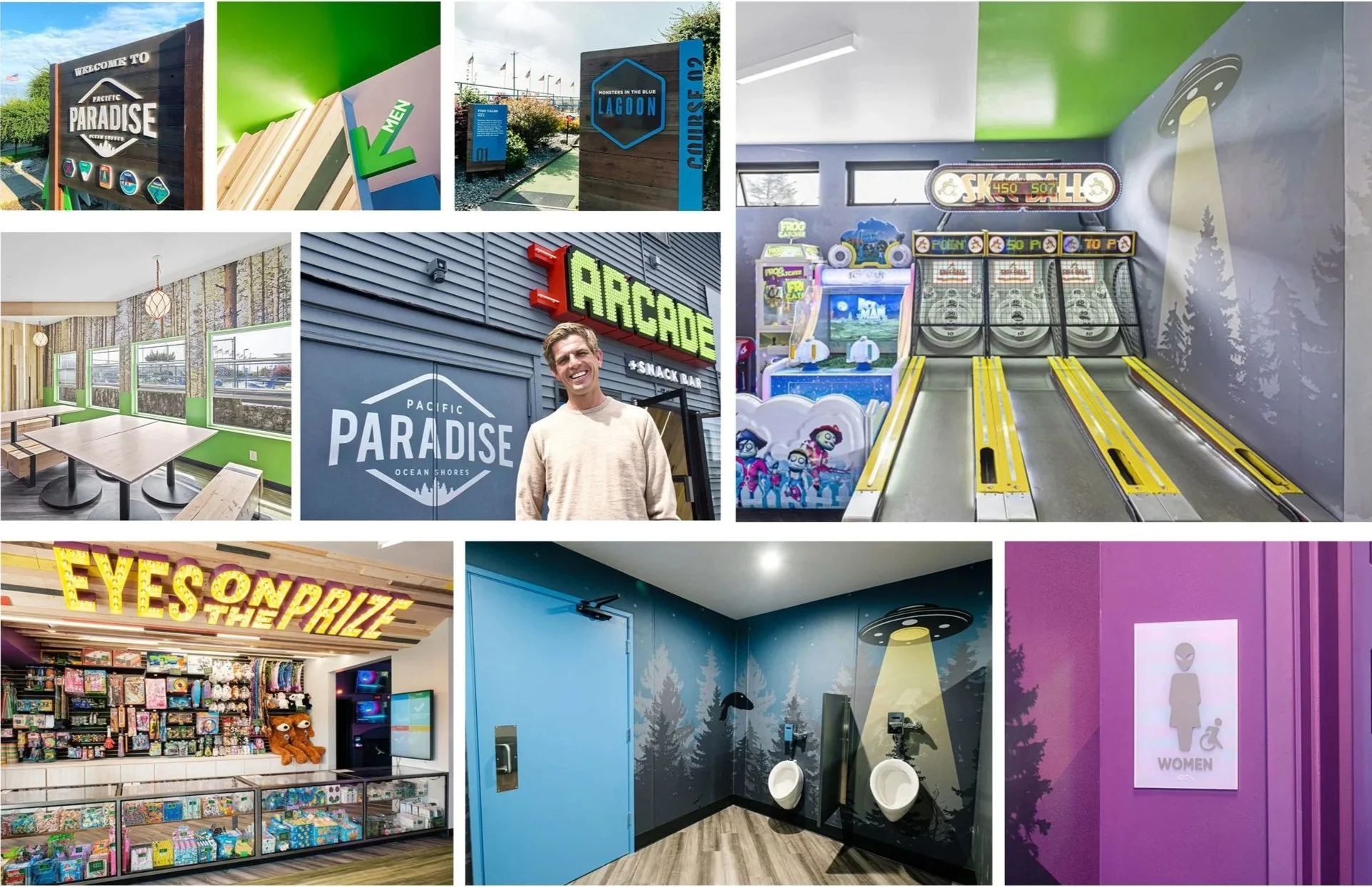 Pacific Paradise Park brand identity design including signage, wall graphics, restroom signage