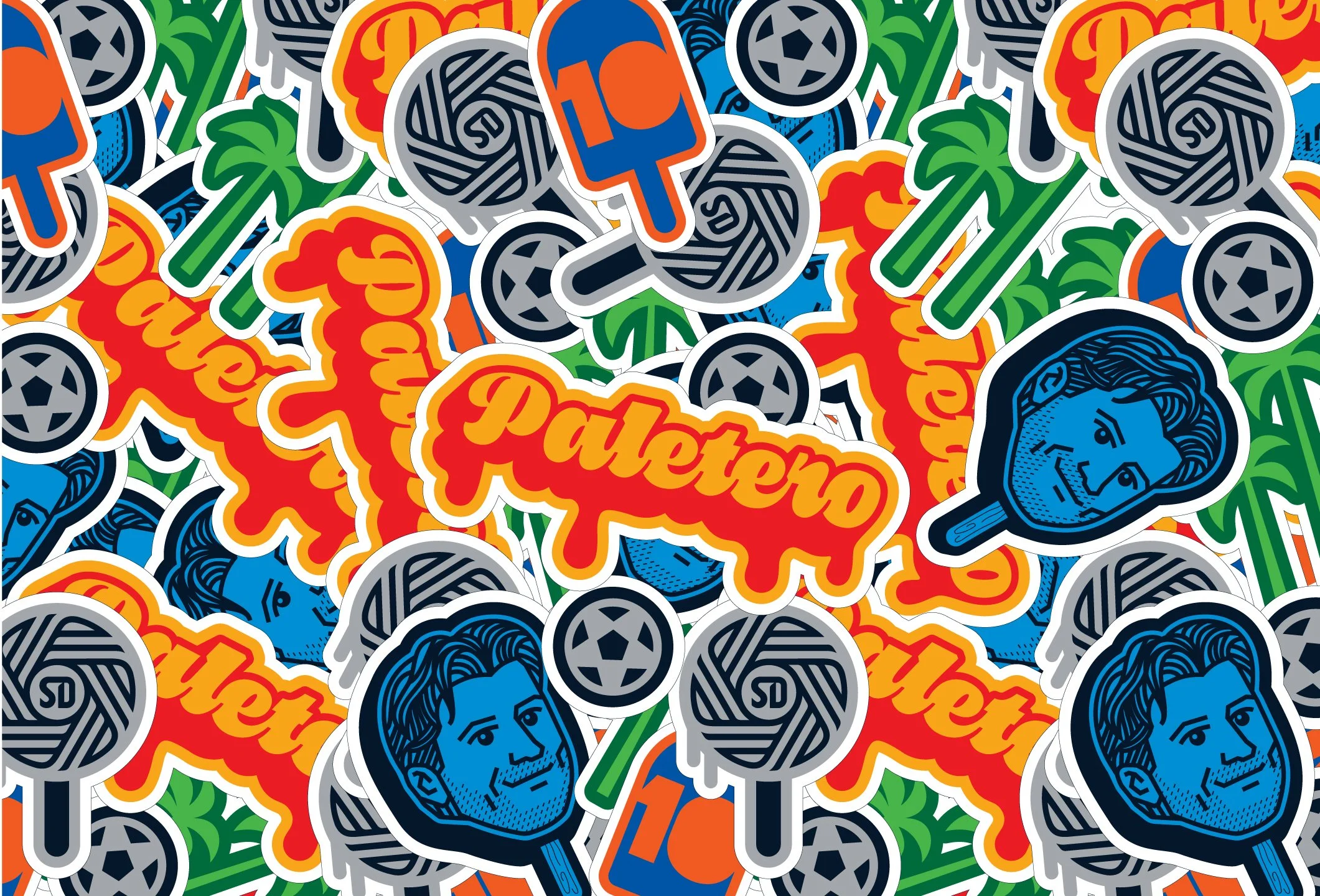 A colorful collage of stickers including a blue and orange portrait of a man, baseballs, green leaves, the word 'Paterson' in orange and yellow, and various sports-related icons.
