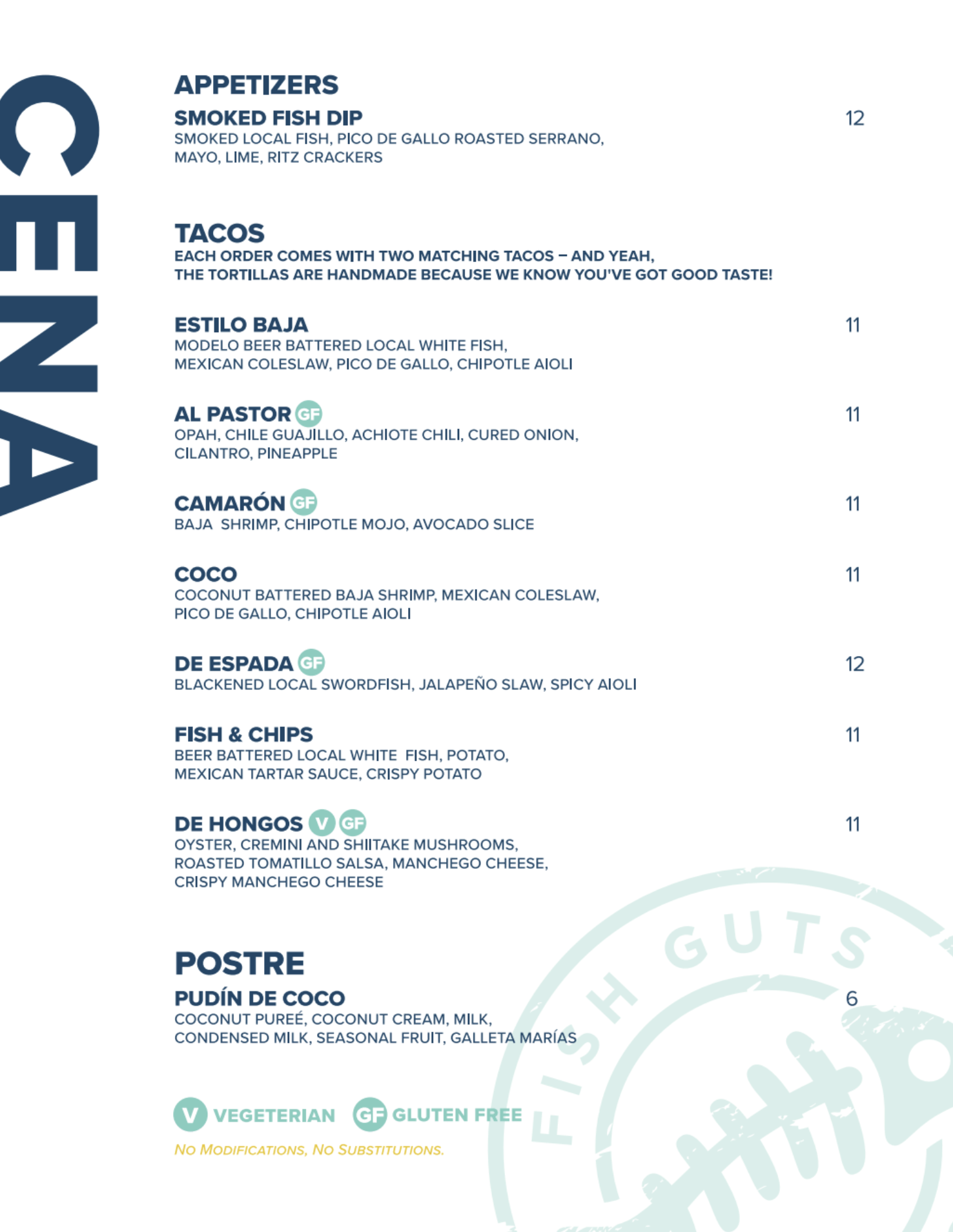 Menu page with sections for appetizers, tacos, several main dishes, desserts, and vegetarian options, each with descriptions and prices. The menu uses bold headings and icons indicating vegetarian, gluten-free, and other dietary notes.