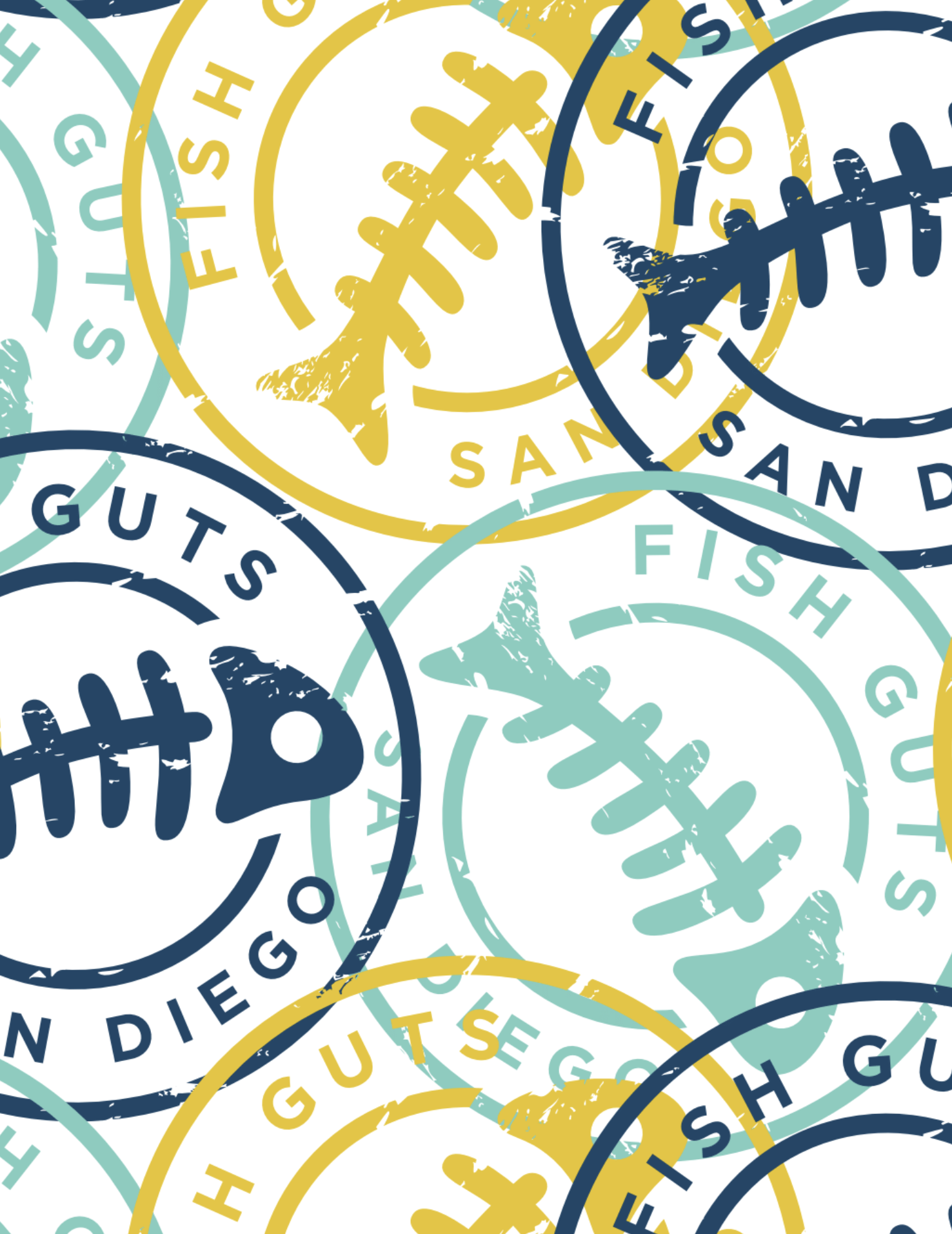 Pattern of circular stamps with words related to surfing, such as 'surf', 'waves', and 'Guts', featuring fish and surfboard illustrations in blue, yellow, and aqua colors.