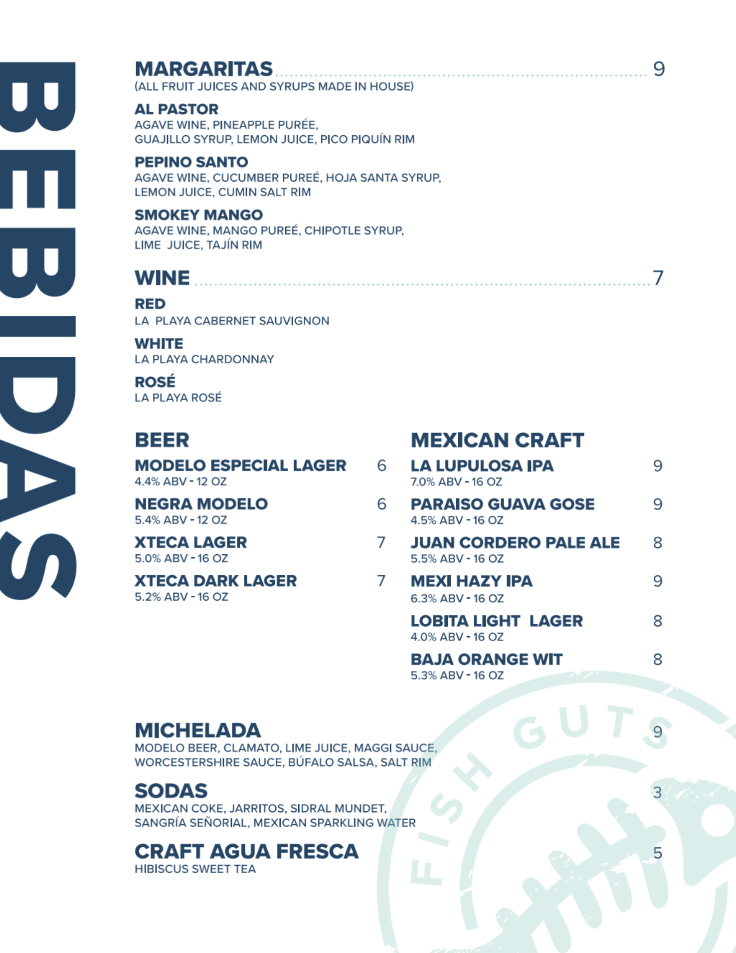 Food and drink menu featuring margaritas, wine, beer, craft agua fresca, sodas, and Micheladas with various descriptions and prices.