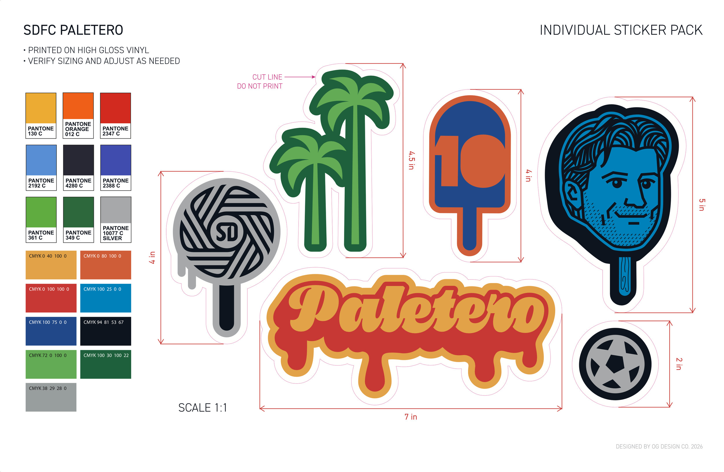 A sheet of stickers featuring various colorful illustrated designs, including a ball of yarn with the letters SDFC, a palm tree, a popsicle with the number 10, a person’s face with detailed hair and beard, and a partially visible sign that reads 'Patero'. The sheet includes color swatches and measurements for size adjustment.