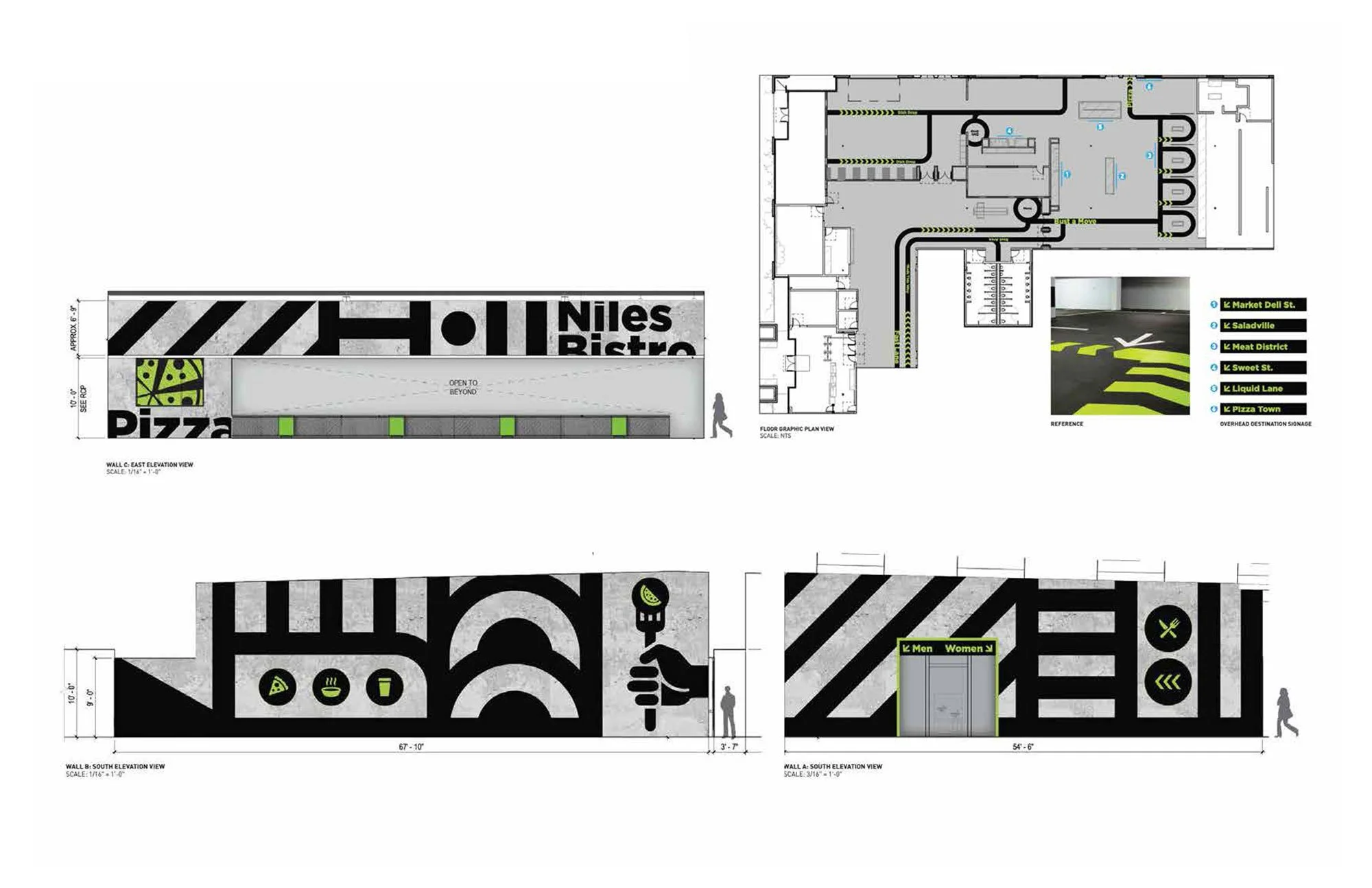 Facebook cafeteria wayfinding signage and super wall graphics including floor graphics