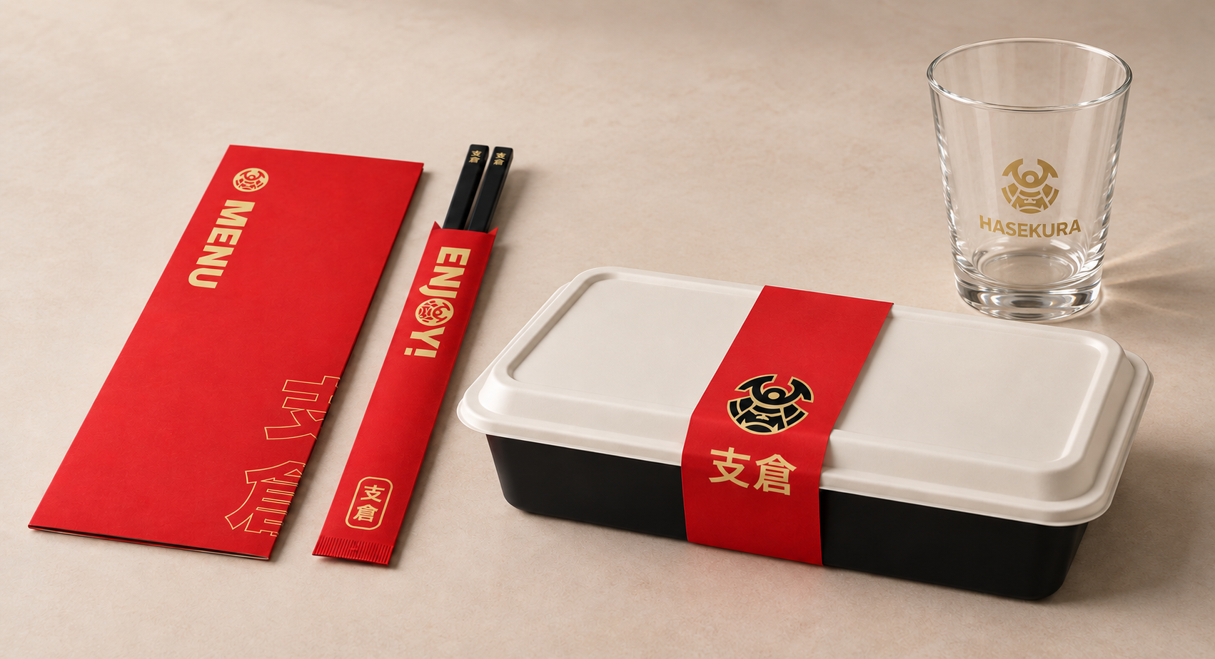 A Japanese takeaway meal set on a beige surface, including a black and white bento box with a red and gold band, a pair of black chopsticks with a red paper sleeve, a red paper envelope labeled 'MENU', and a clear glass with gold 'HASEKURA' branding.