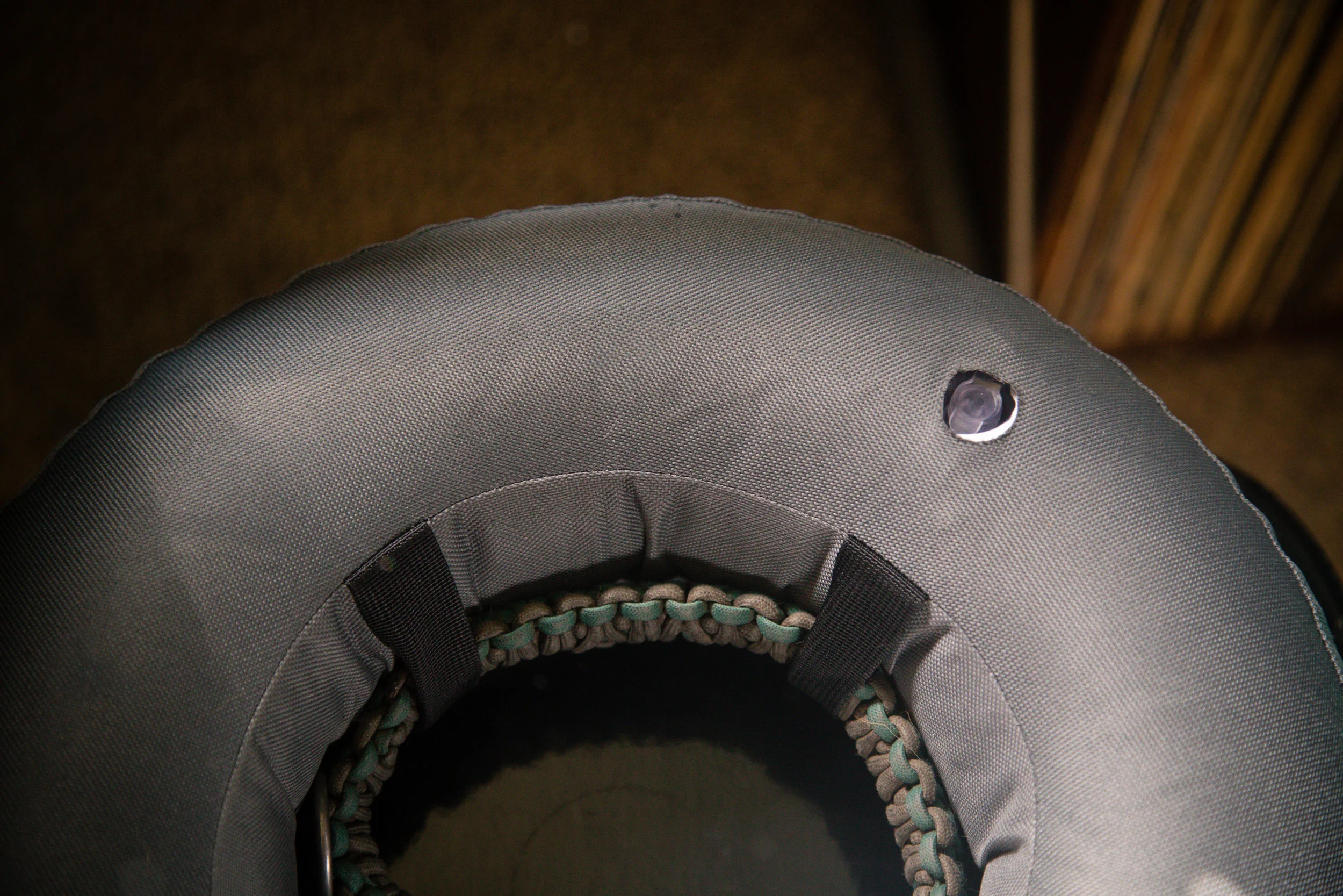 256 // 366 Dempsey's inflatable donut cone rig to keep him from his stitches