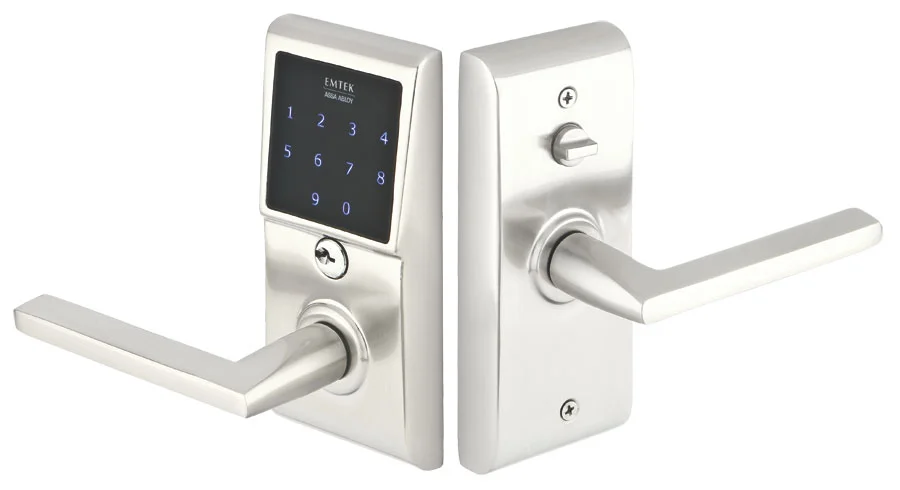 129E4020US15 EMTouch
neos lever set. Shown in satin nickel. Available in four finishes,
with many lever styles