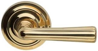 165706-00-US3A Traditions lined lever regular rose, shown in unlacquered brass. Available in all functions and six finishes.