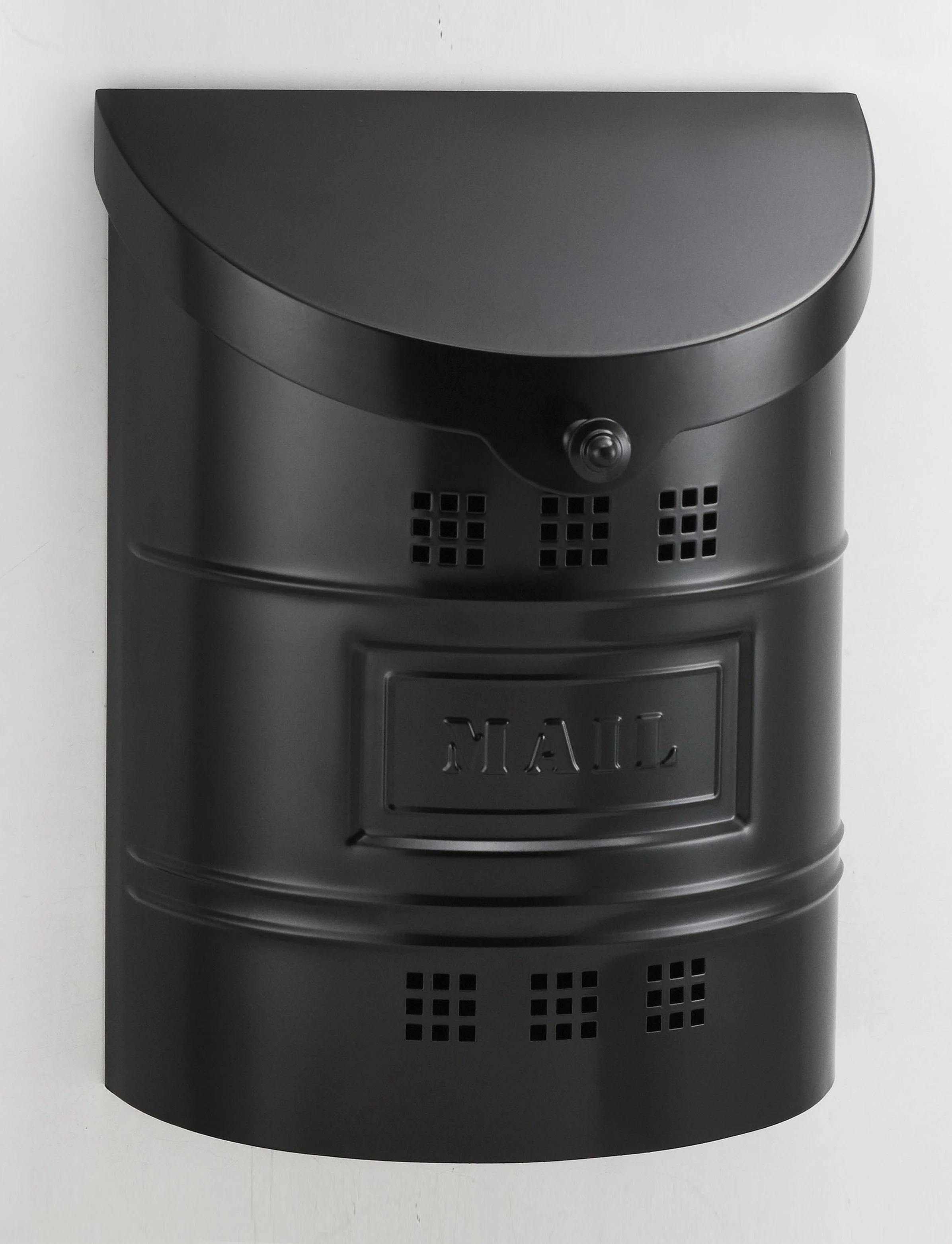 212E2BK Barrel drum cut out ecco mailbox. Size: 11.25 W 14.5 H 4.5 D. Hardware included. Shown in matte black. Smaller size available.