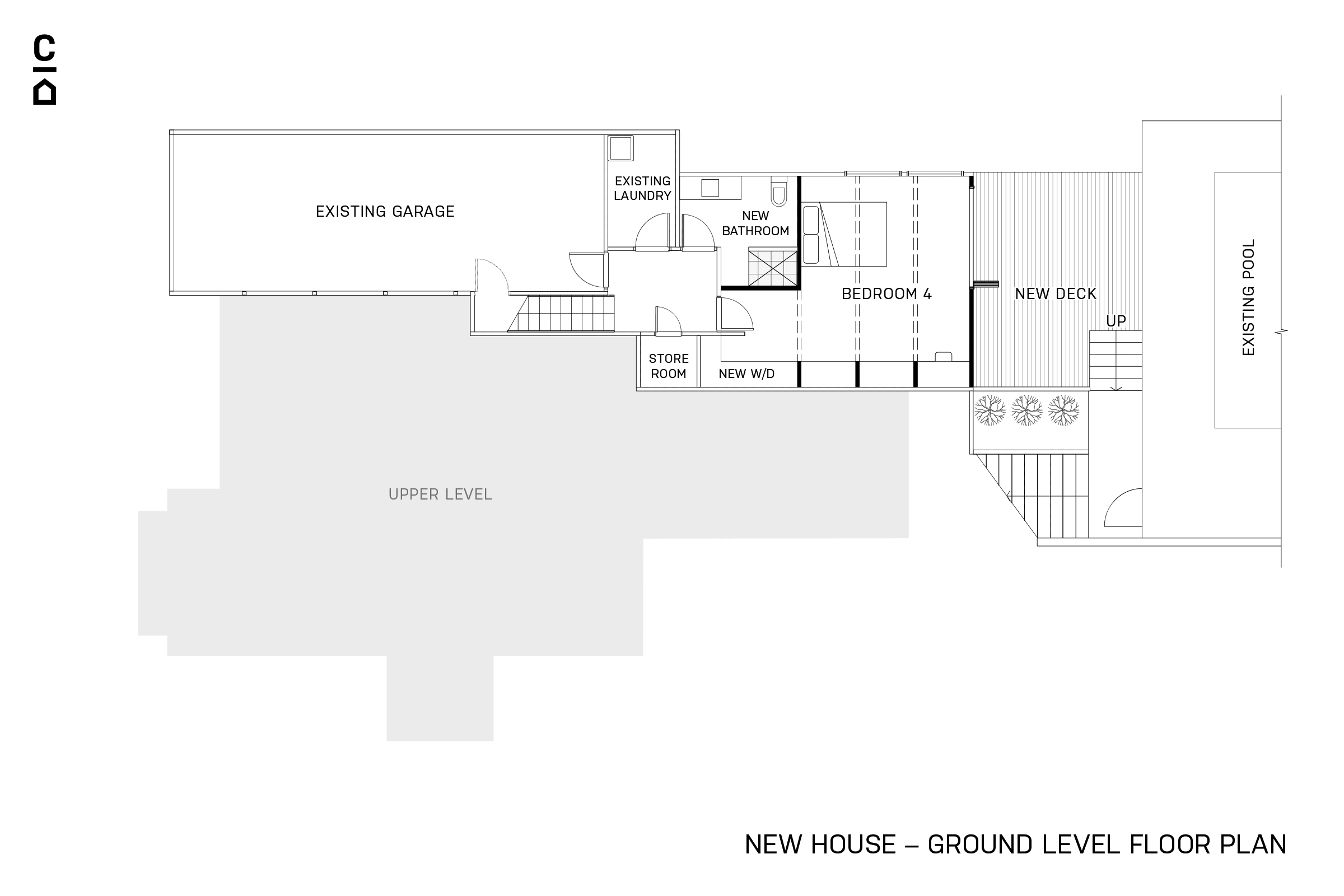 The lower level was extensively repurposed for storage and guest accomodation. A deck and access to the pool connected the space to facilities enjoyed by the upper level.