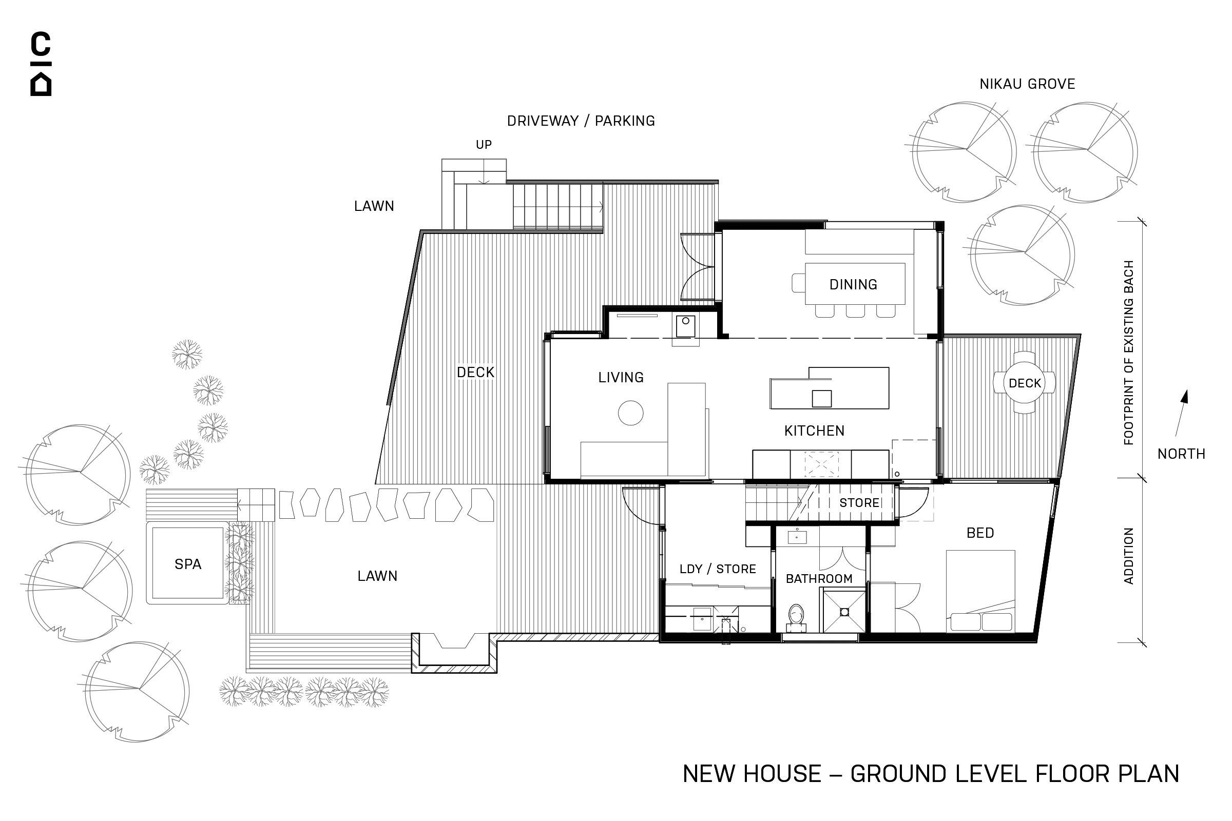 The ground level floor incorporates the original bach footprint (which has now become kitchen, dining and a living spaces), and extends it into a providing a downstairs bedroom, utilities and storage, and extensive outdoor decking and entertaining areas.
