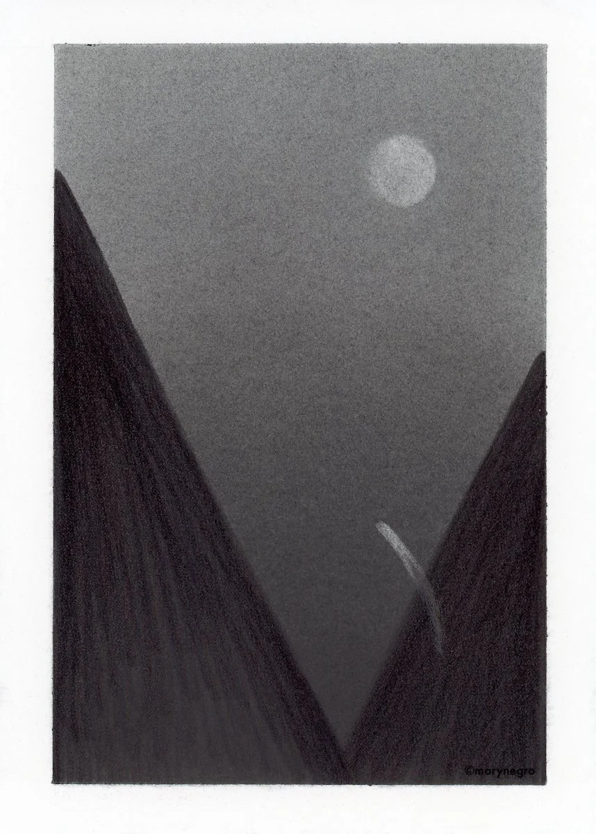 Abstract black and white pencil drawing of two dark triangular mountains, a faint moon or sun, and a small mark representing a missile against a hazy gray sky.