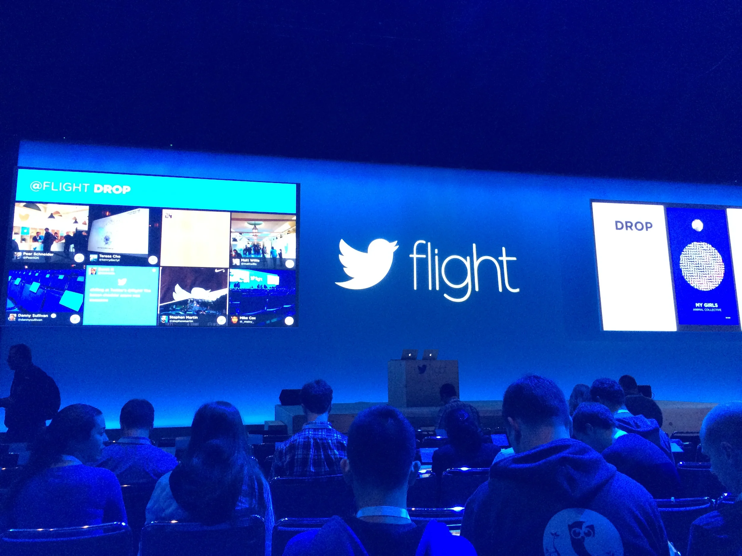 Pre-keynote. Twitter had people use Jawbone Drop to select the music playlist. They also grabbed tweets and put them up for all to see. We wondered if it was pulling all tweets with the #twitterflight hashtag, but ultimately decided they were curating the list.